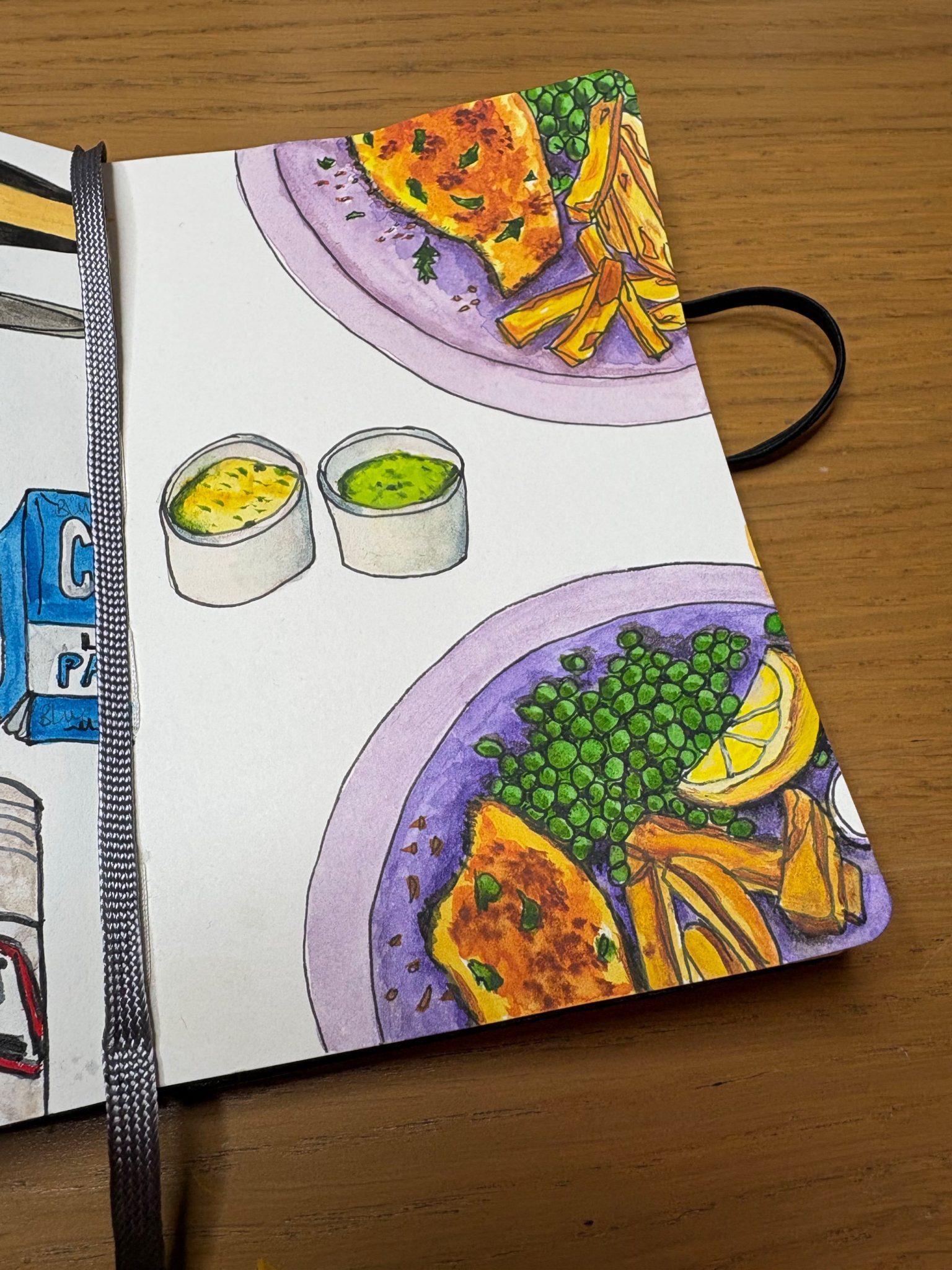 Two plates of fish and chips with peas painted in watercolour