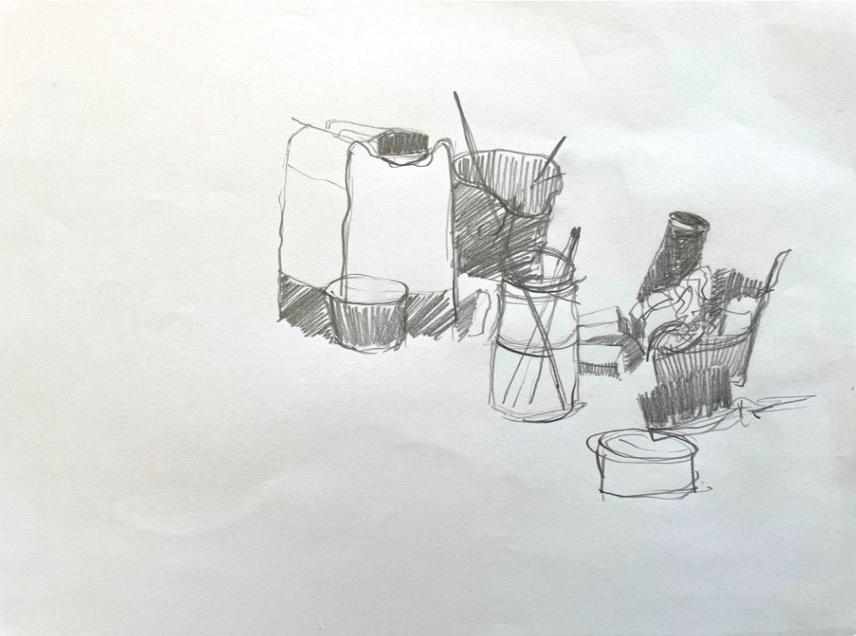 Shaded pencil drawing of studio items