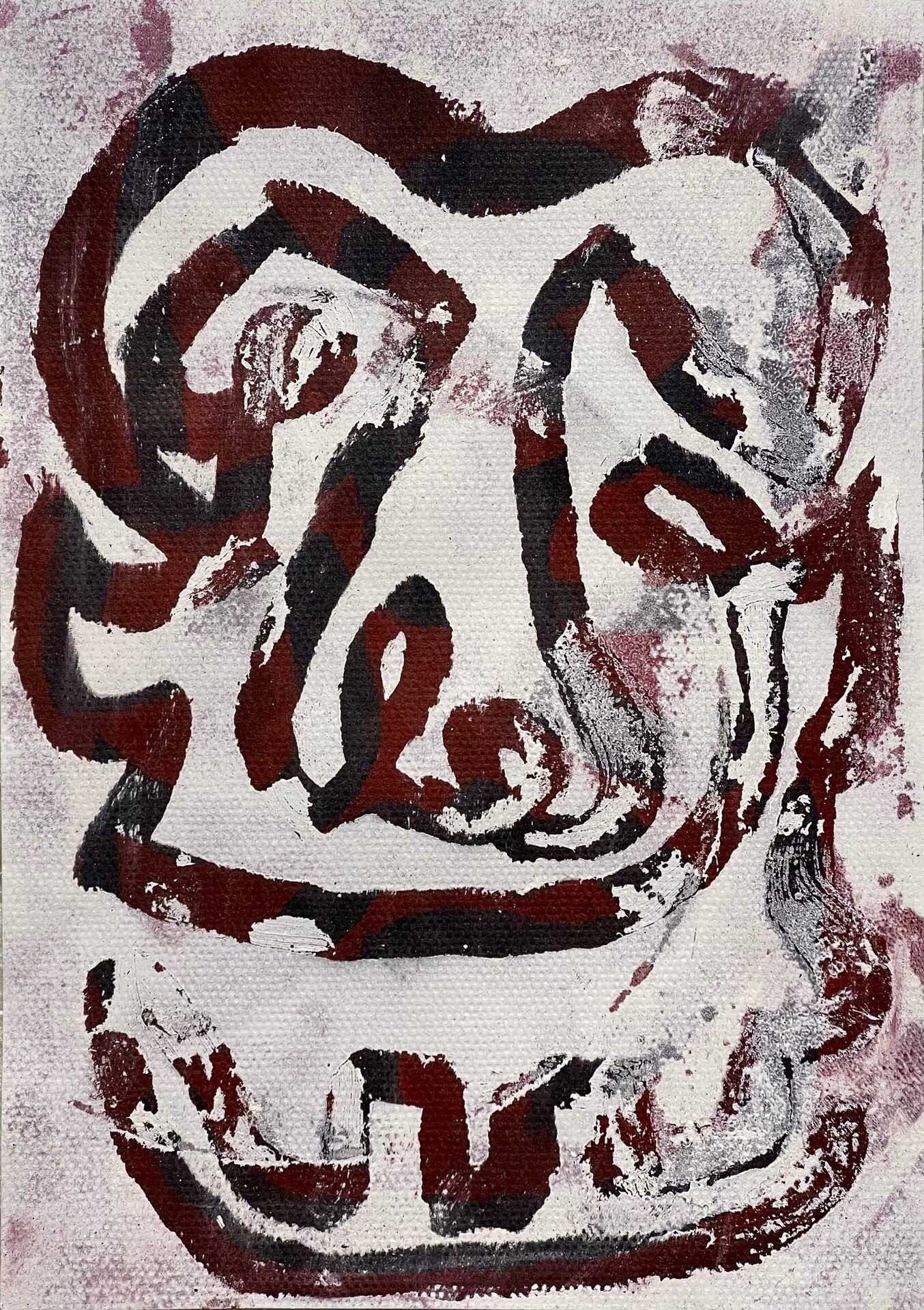 A study of emotional layering. The piece features a dominant face painted over a pre-existing black and red portrait, physically burying the initial identity. This process of overwriting creates a heavy, psychological tension where the original red energy struggles to break through the new, dark contours. It is a raw record of transformation through concealment.
