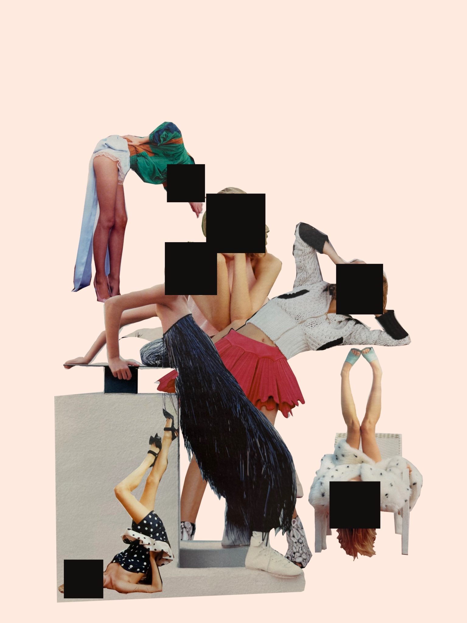 Digital collage of 6 women (females) in different poses taken from a fashion shoot. Each woman has a black square hiding her face