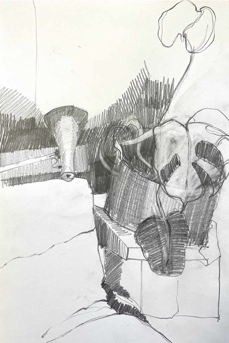 Shaded pencil drawing of the corner of a sofa and a plant