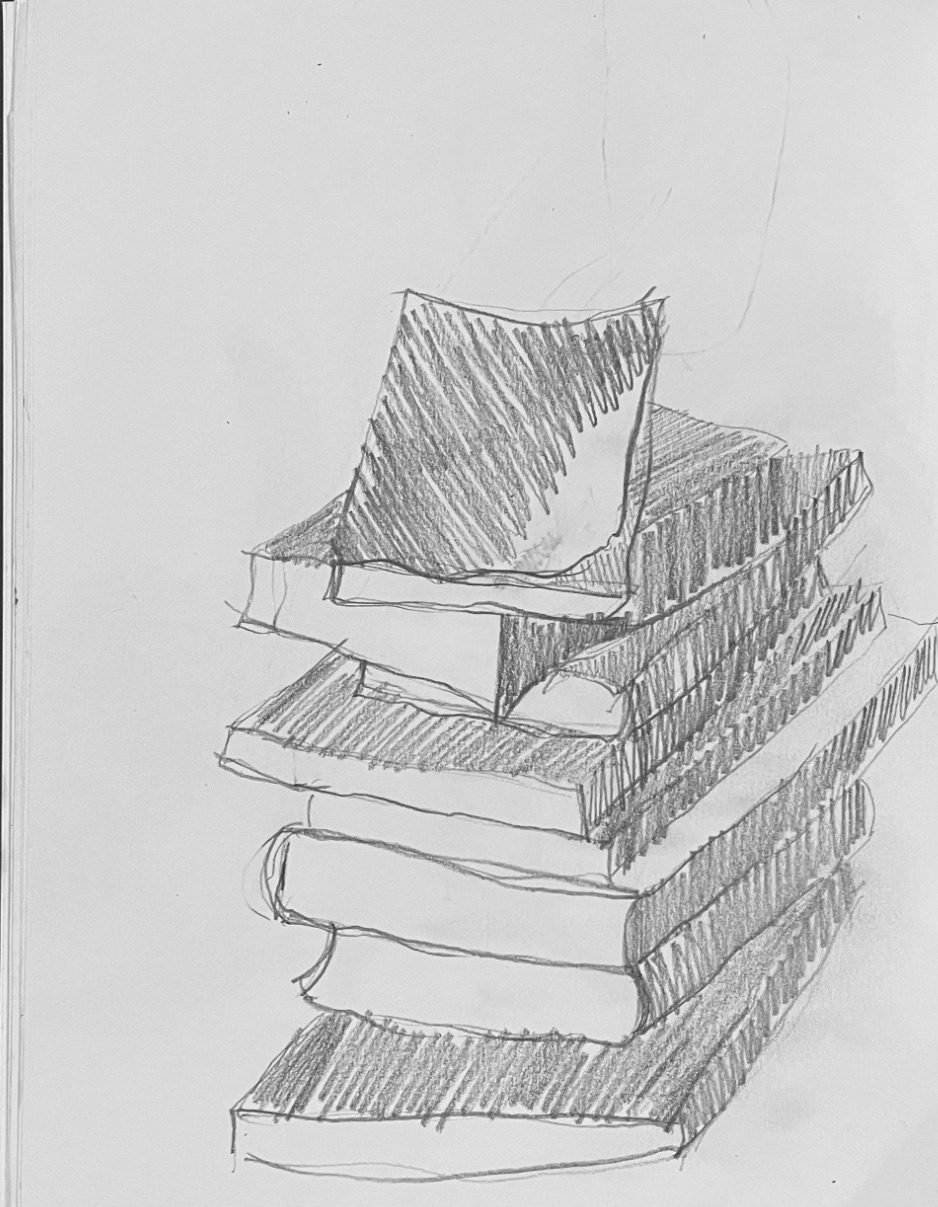 Shaded pencil drawings of a stack of books