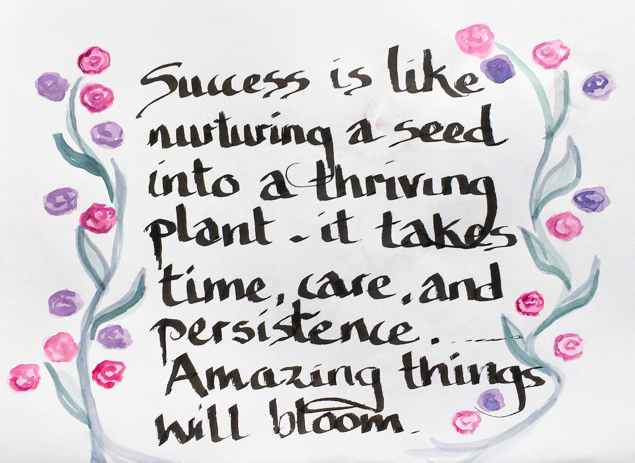 hand written quote with painted borders of sinewy stems with flowers