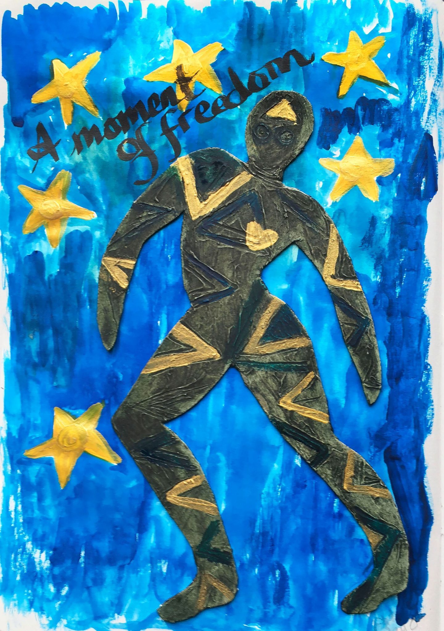 A genderless dark figure on a background of dark blue with gold stars
