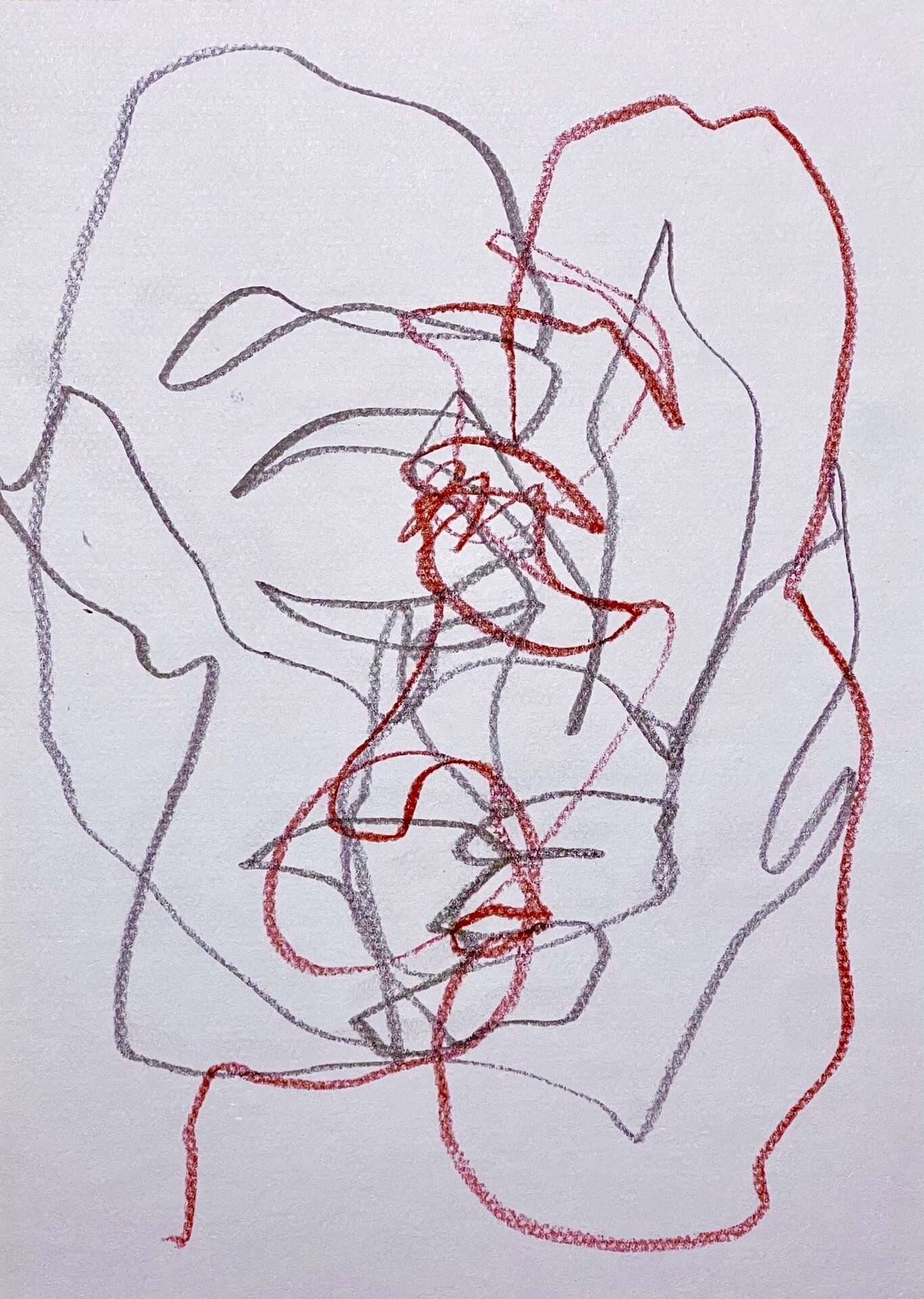 A minimalist study of intimacy and connection. Through a series of urgent, overlapping red and grey lines, the piece depicts two profiles merging in a kiss. The title reflects the inseparable nature of the moment, where individual boundaries fade and two identities become one fluid, rhythmic form.