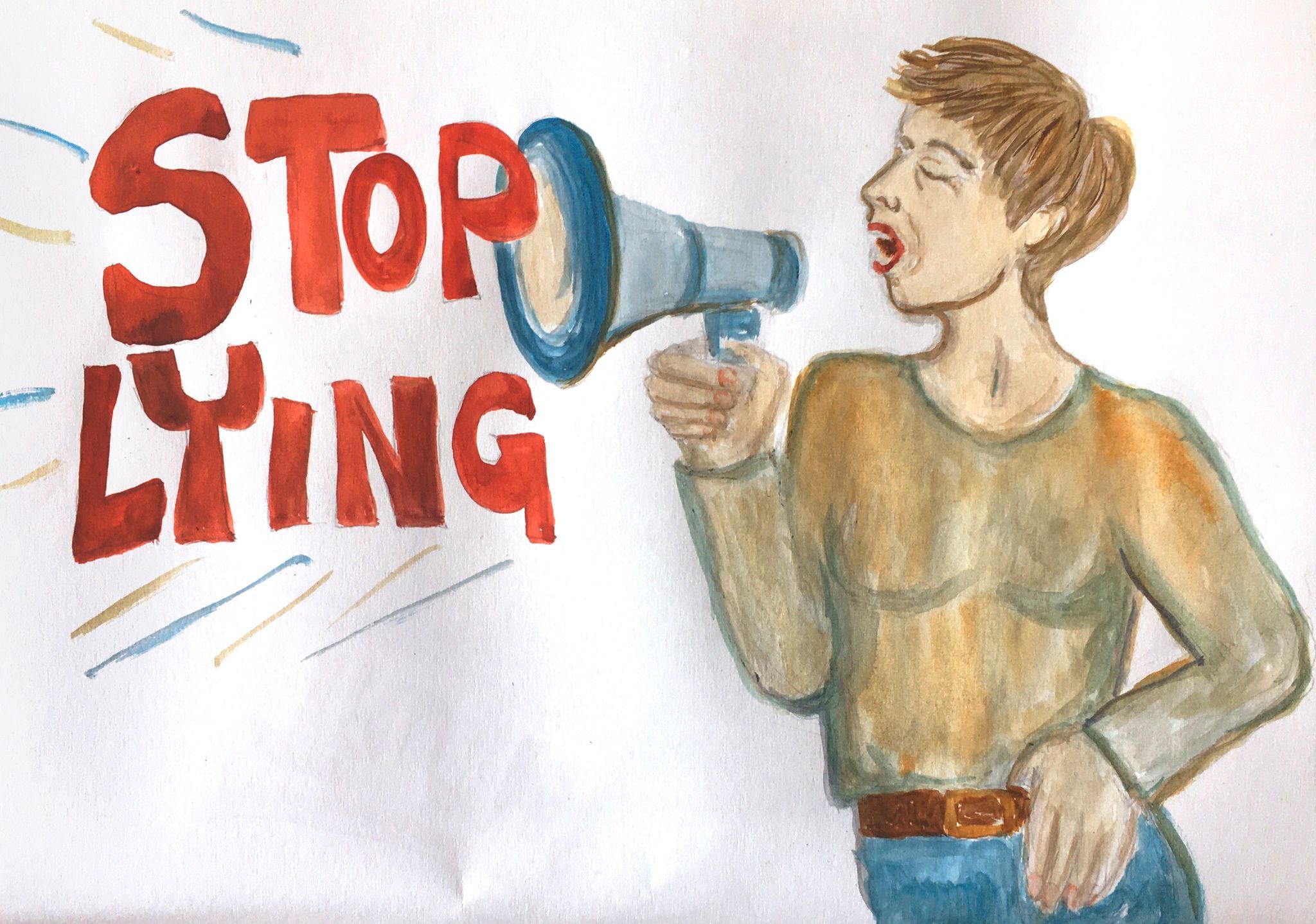 A woman withshort hair shouting into a Loudhailer 'STOP LYING!