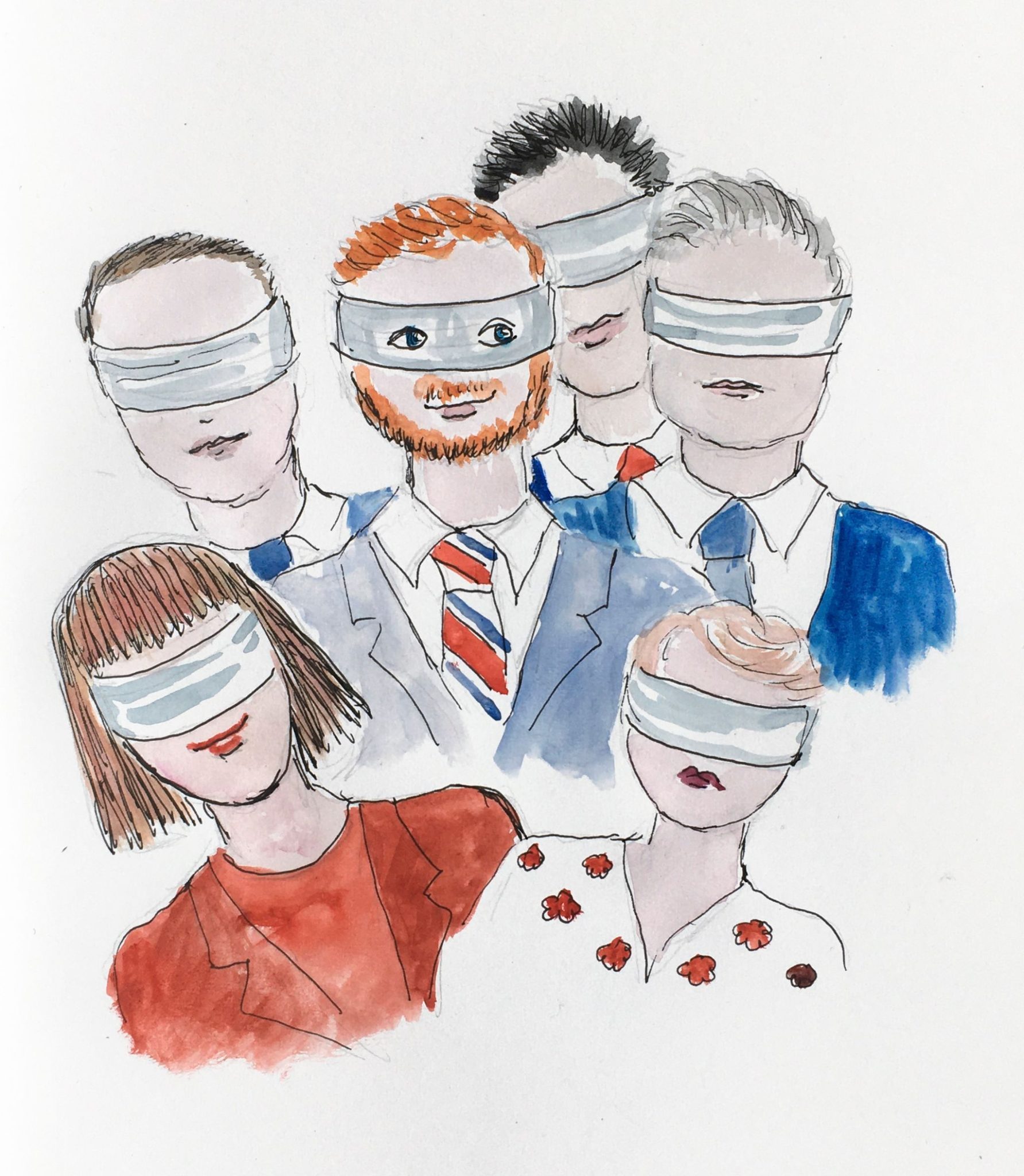 cartoon style image of several labour politicians wearing blindfolds ... apart from 1 person