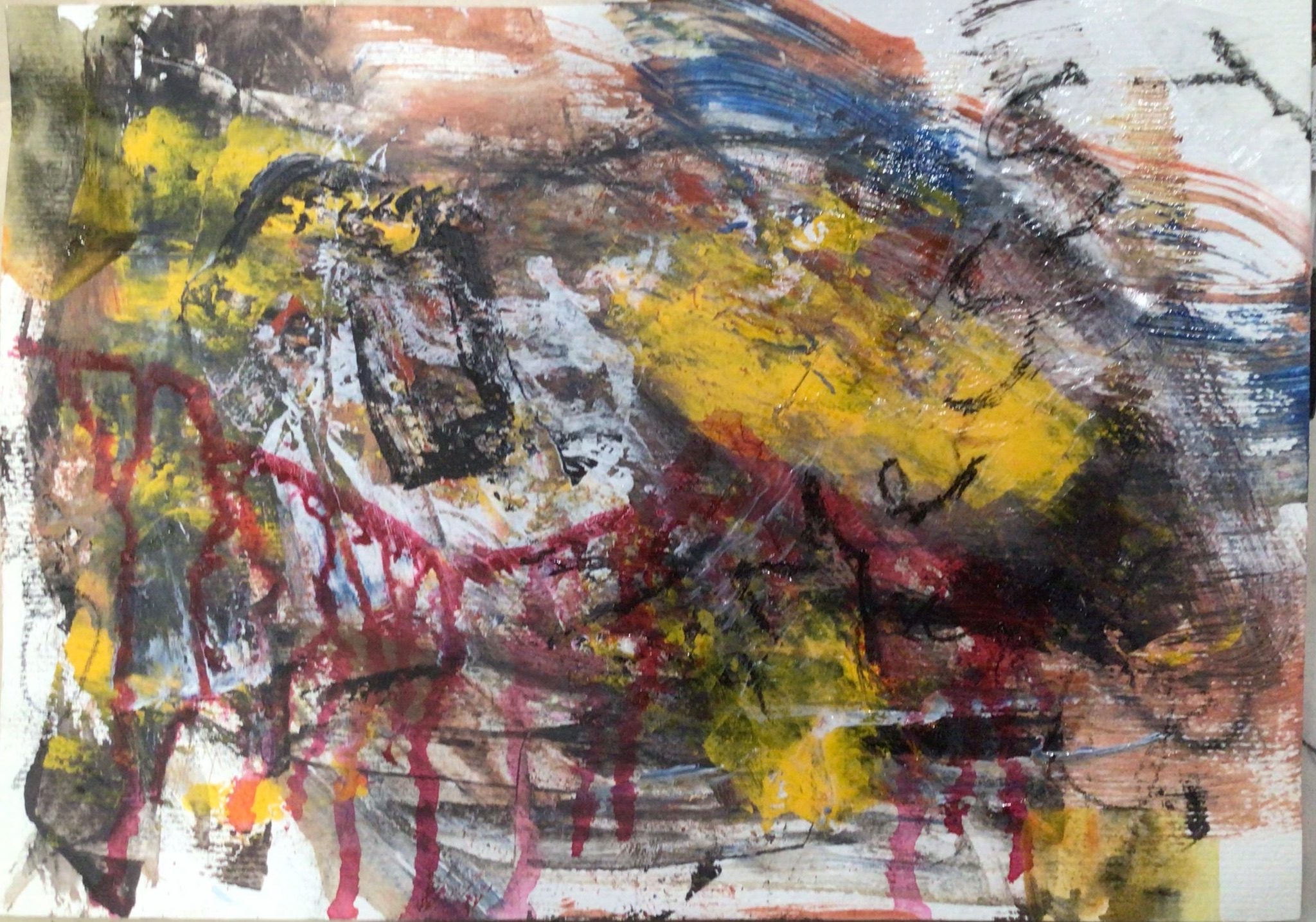 Acrylic painting in splodges drips and text.