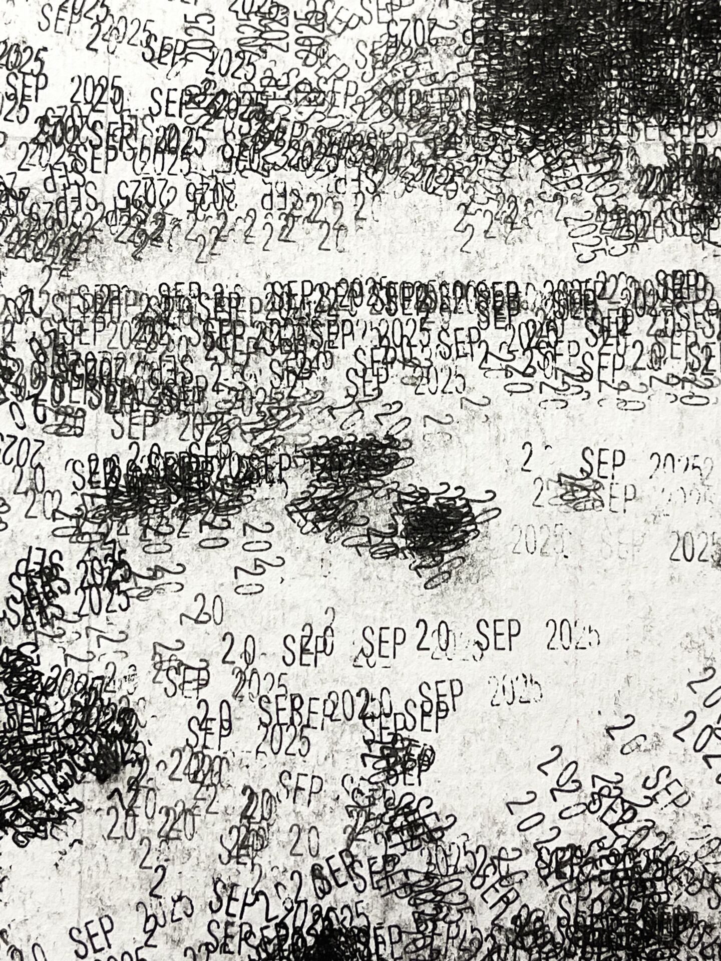 A romantic mixed-media archive of a single, transformative moment. Using the repetitive stamp of a significant date, the work explores the persistence of memory and the feeling of a day that echoes infinitely. The layered ink and dark textures turn a chronological fact into a mystical landscape, marking the exact point where a new shared history began.