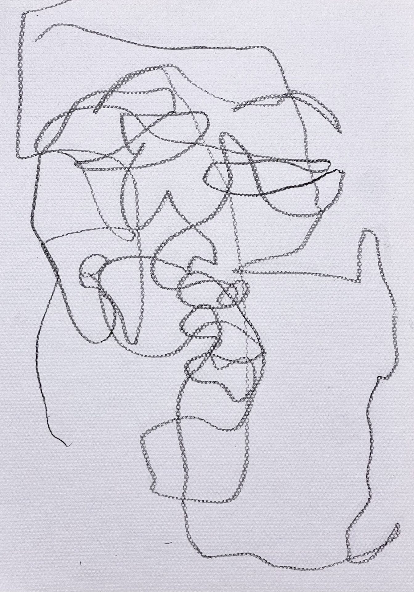 A minimalist drawing of an intimate moment. Simple grey lines overlap to depict two profiles merging into one. The work focuses on the raw energy and connection of a single kiss.
