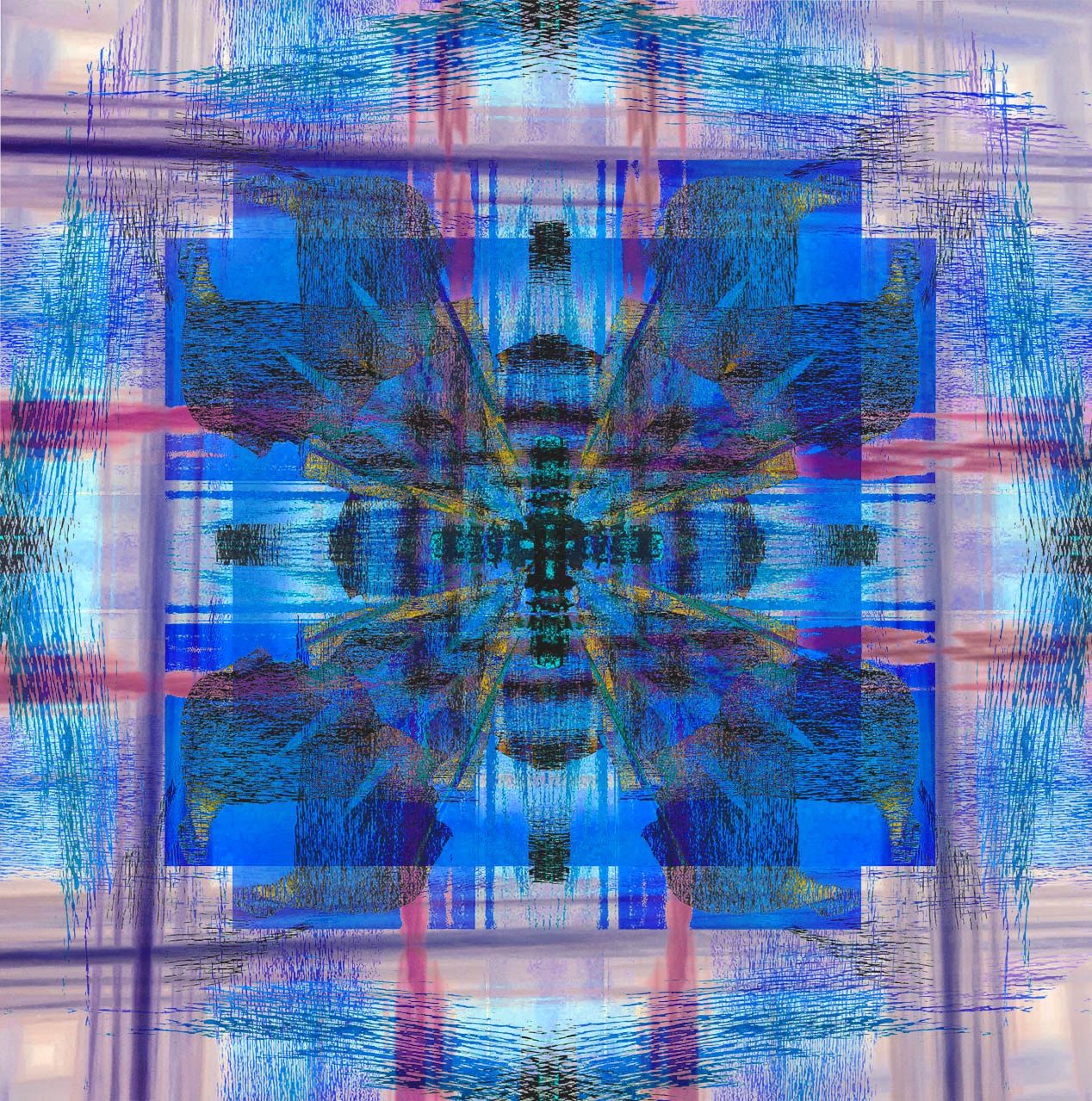 A composite of a multiple exposures image duplicated and rotated several times then blended together in photpshop