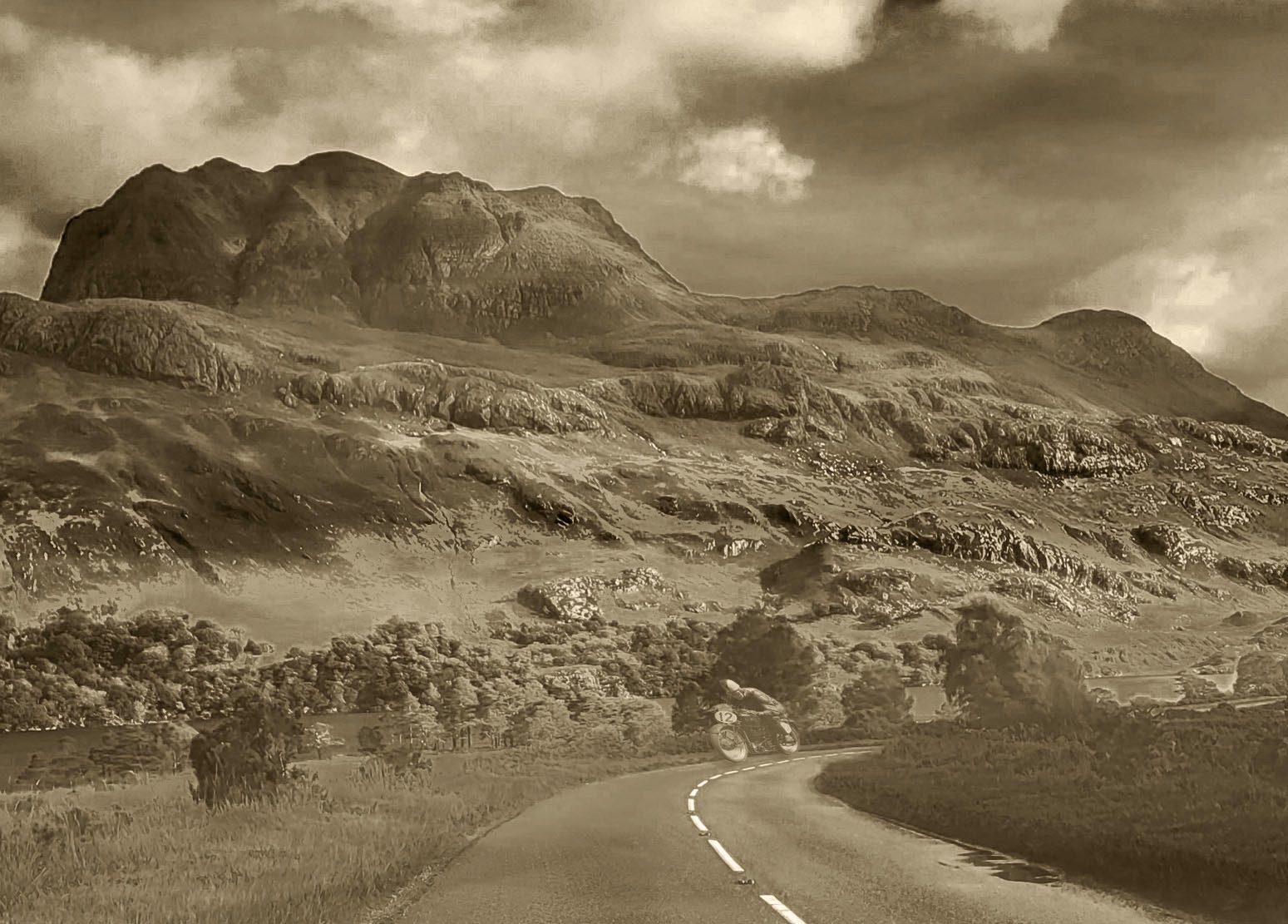 This is a composite image of Slioch in Wester Ross with a photography of my uncle riding his motorbike at the TT in the 1950s
