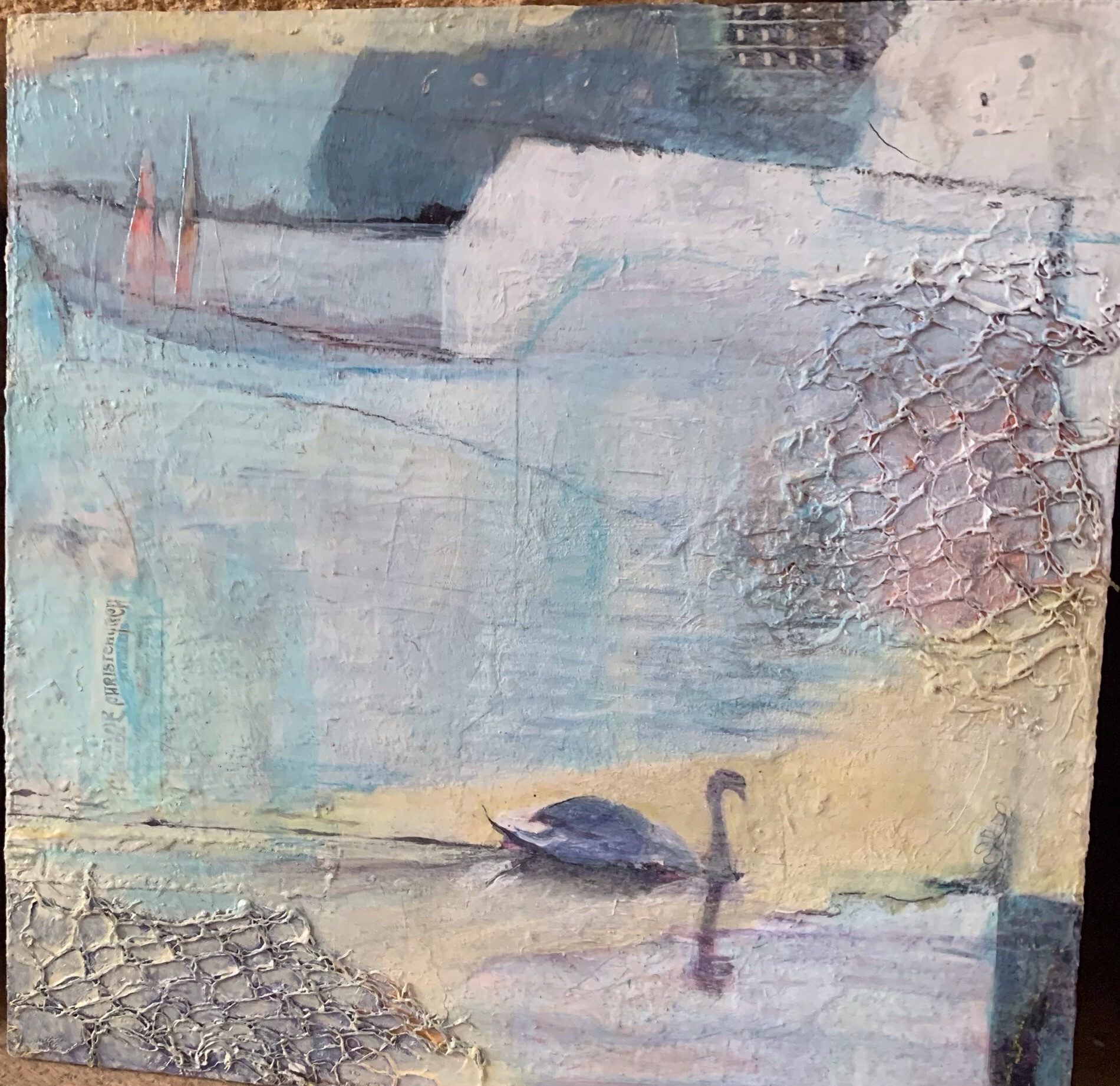 Swan and sea reflection painting