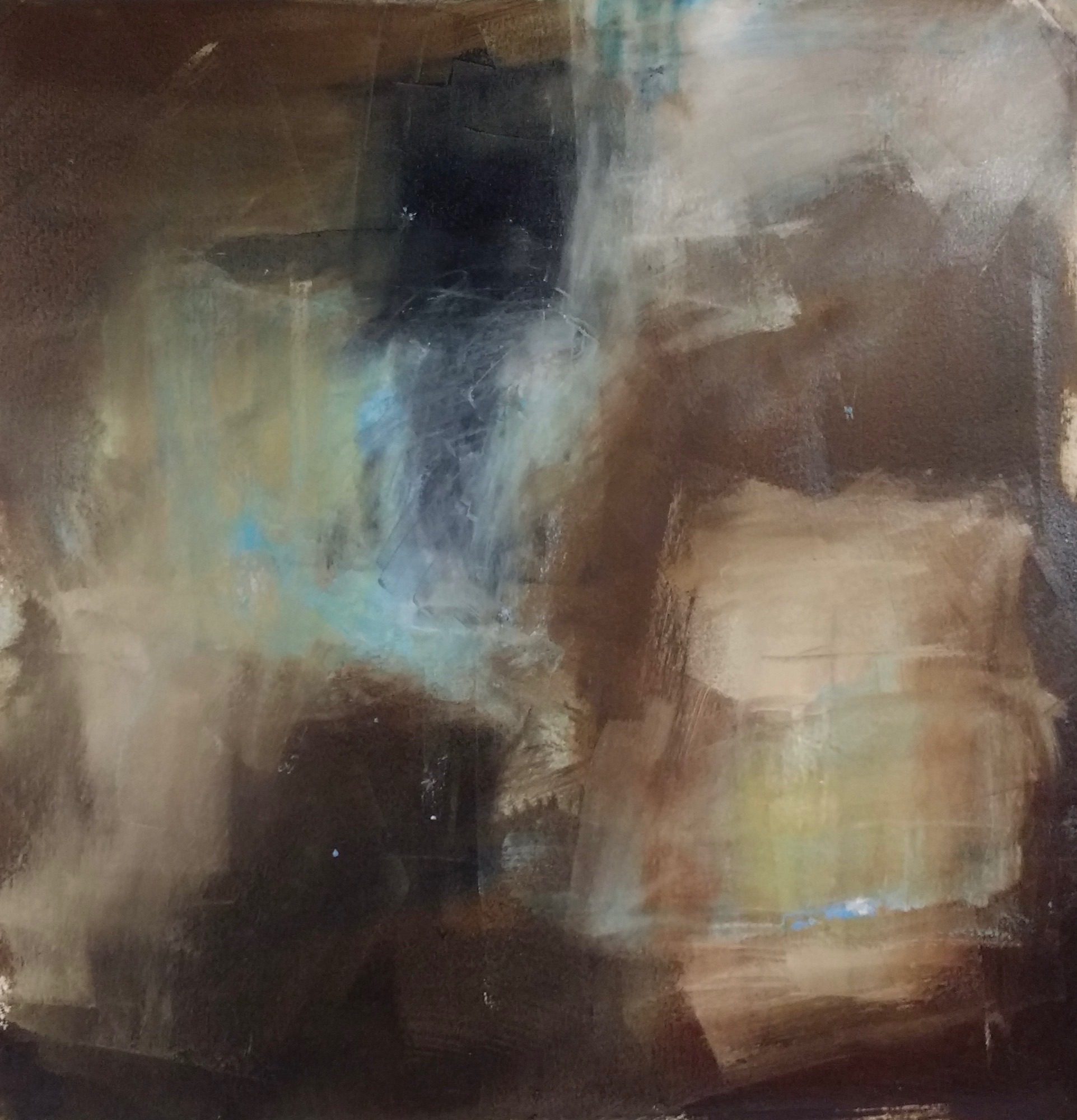 Swathes of brown, and warm greenish ochre, veils of white drifting across undercurrents of cerulean. Oil on paper.