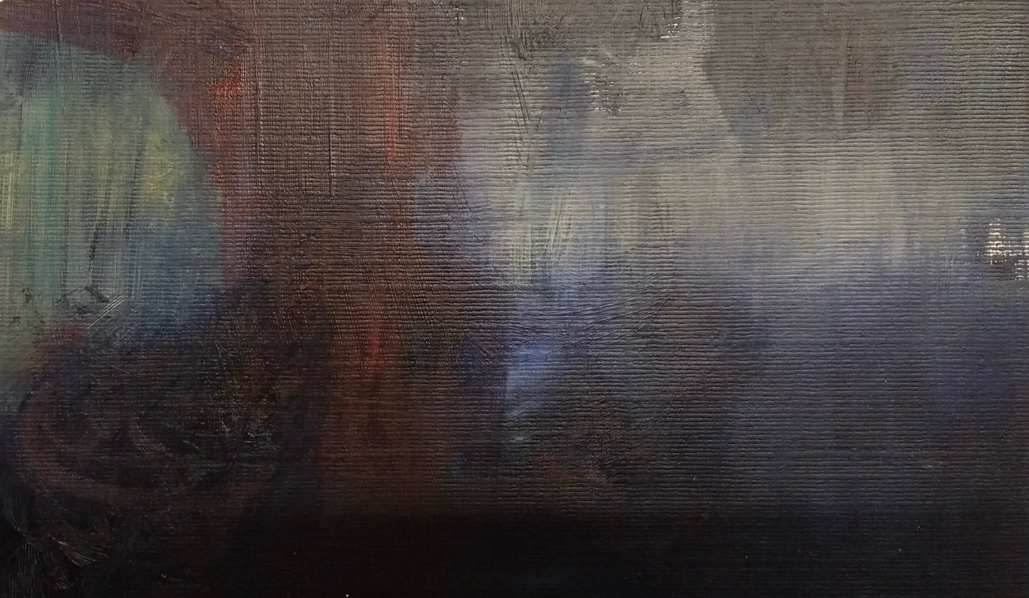 Dark oil on paper with central band of paler colours, greenish ochre dark red, deep blue. of dark red, deep blue.