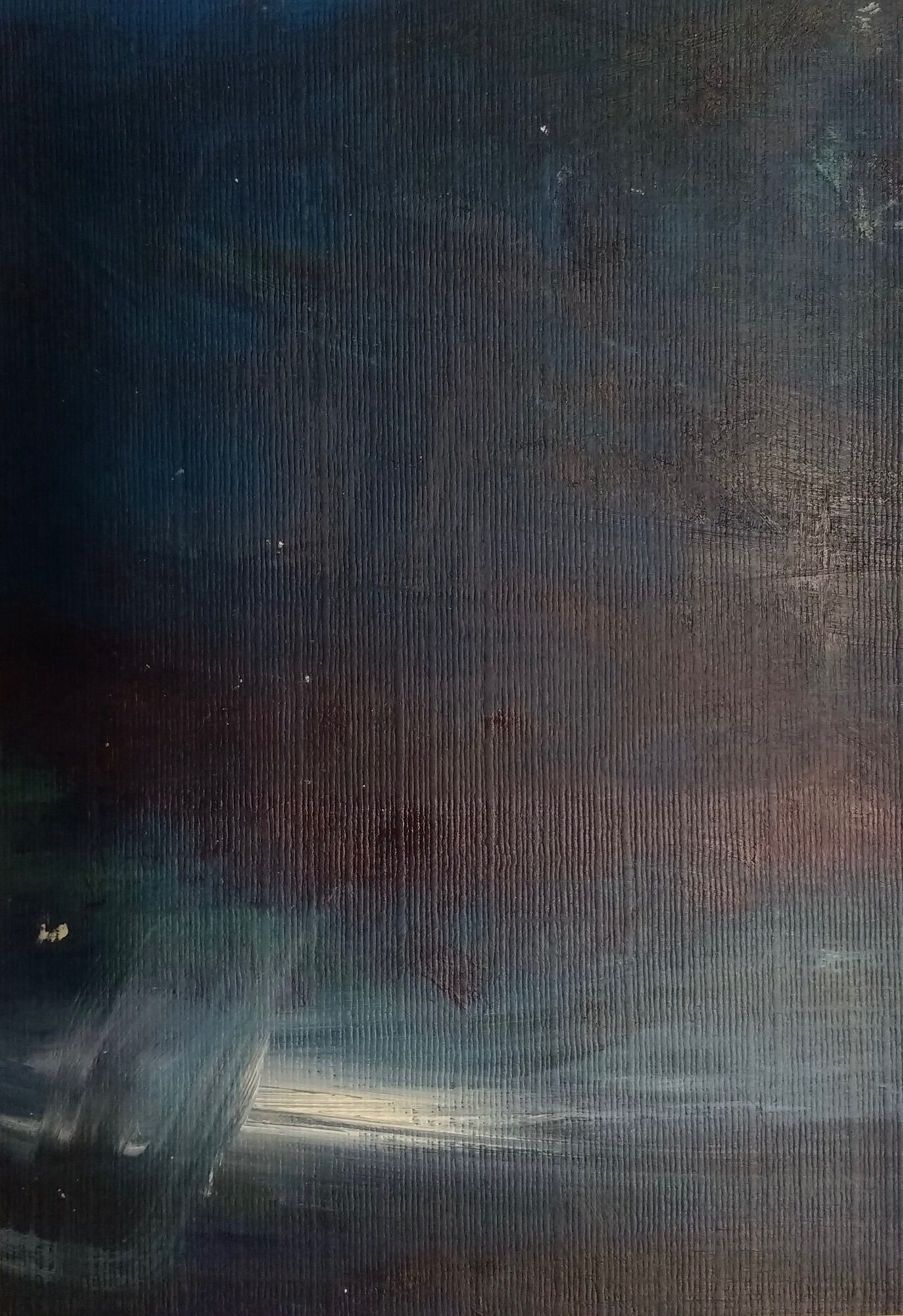 Vertical darkness in navy oil on paper with deep almost hidden red tones. Waft of white brush marks.