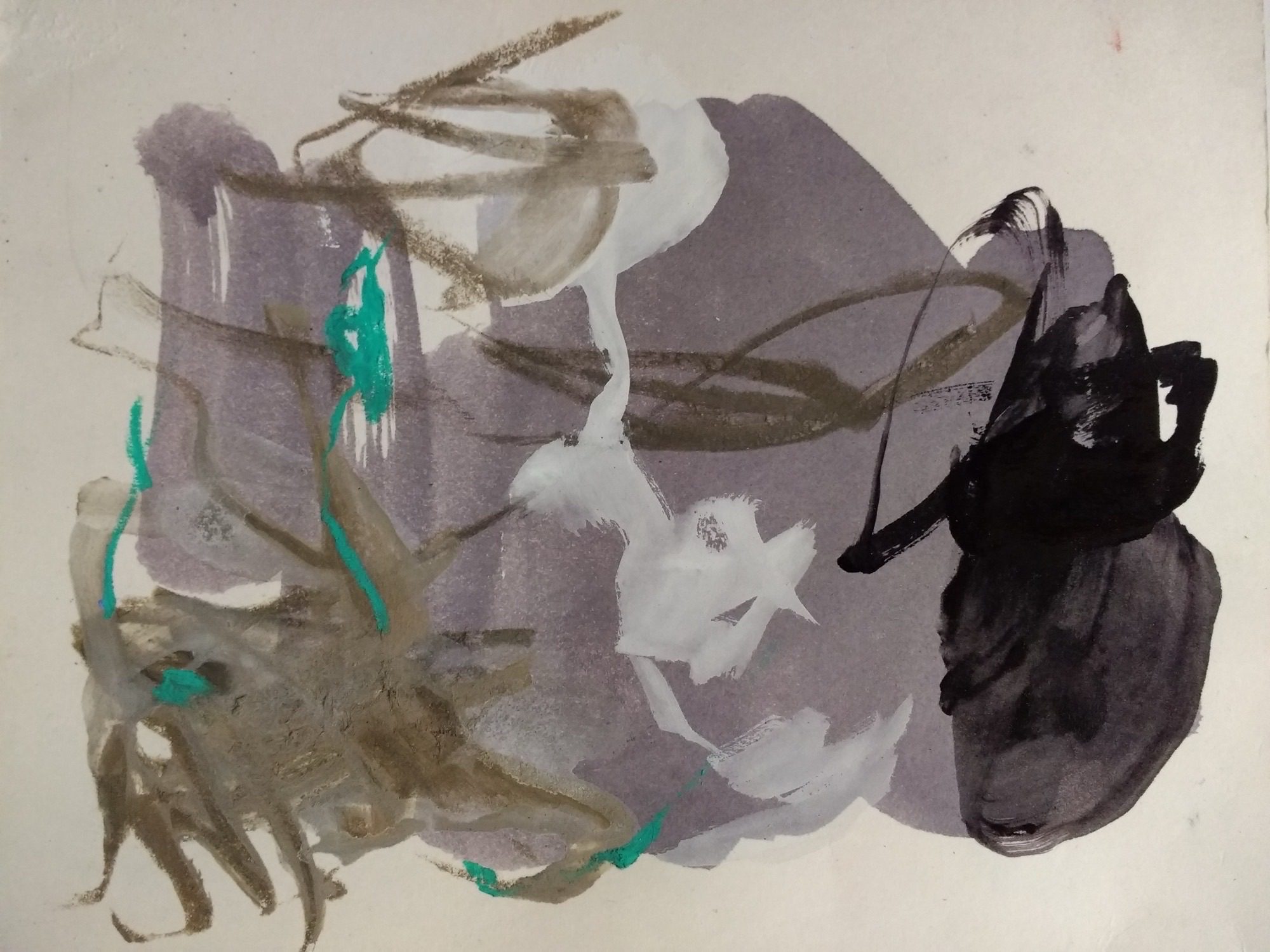 Abstract grey violet washe with ink and gestural brushmarks. Watercolour, ink, and charcoal on paper.