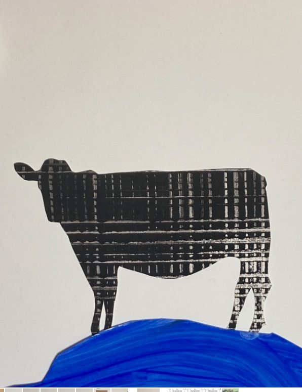 Monoprinted paper cow cut out