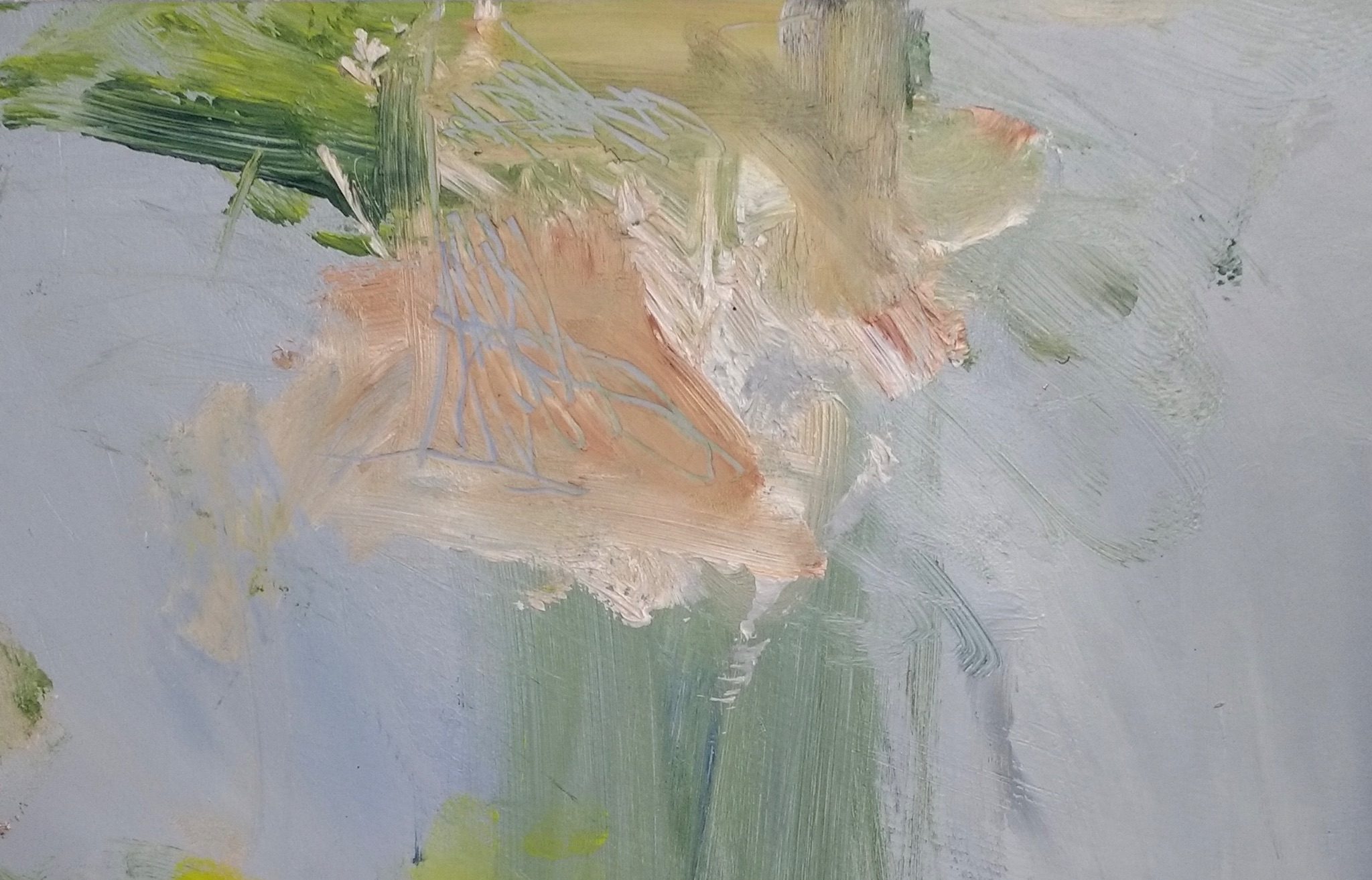 Free marks using hands, cloths, brushes. Flesh colours, greens, incised marks on pale blue grey ground. Oil on paper.