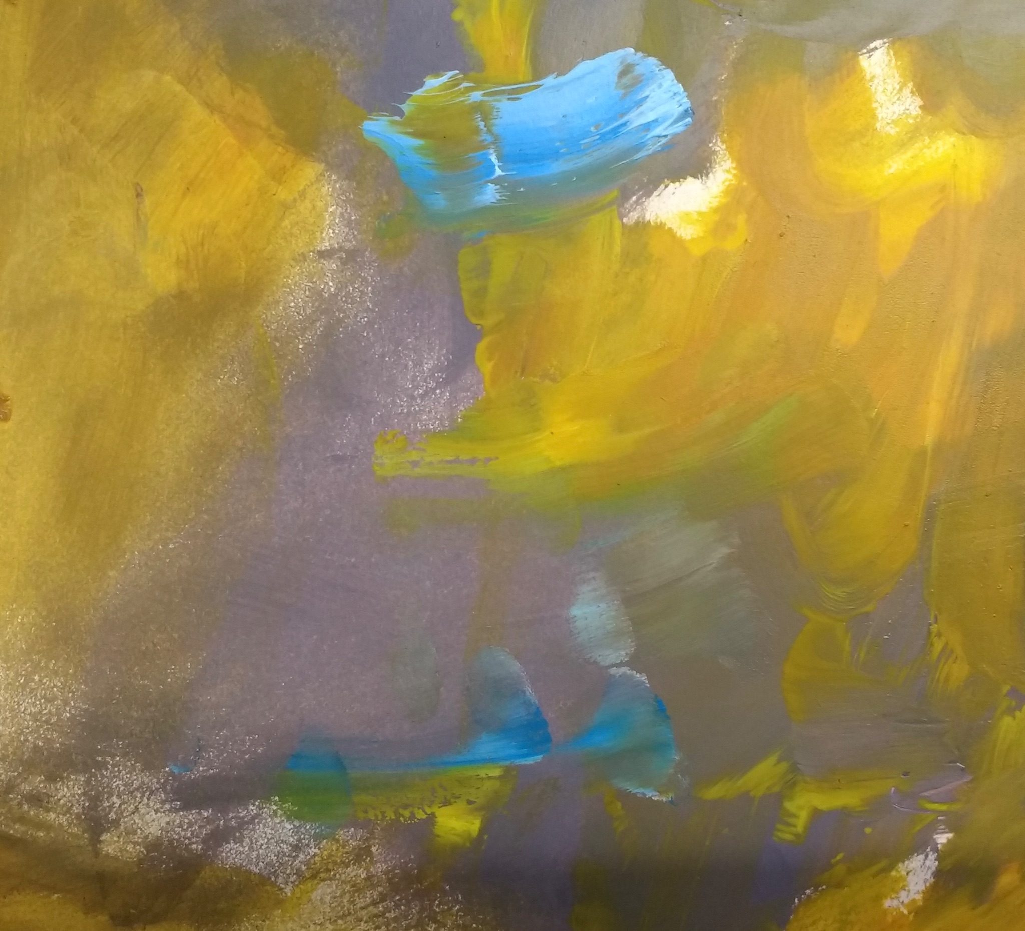 Abstract broad brush gestural painting, violet grey ground with Indian yellow. Fast brushmarks in cerulean blue on the yellow and violetOil on paper.