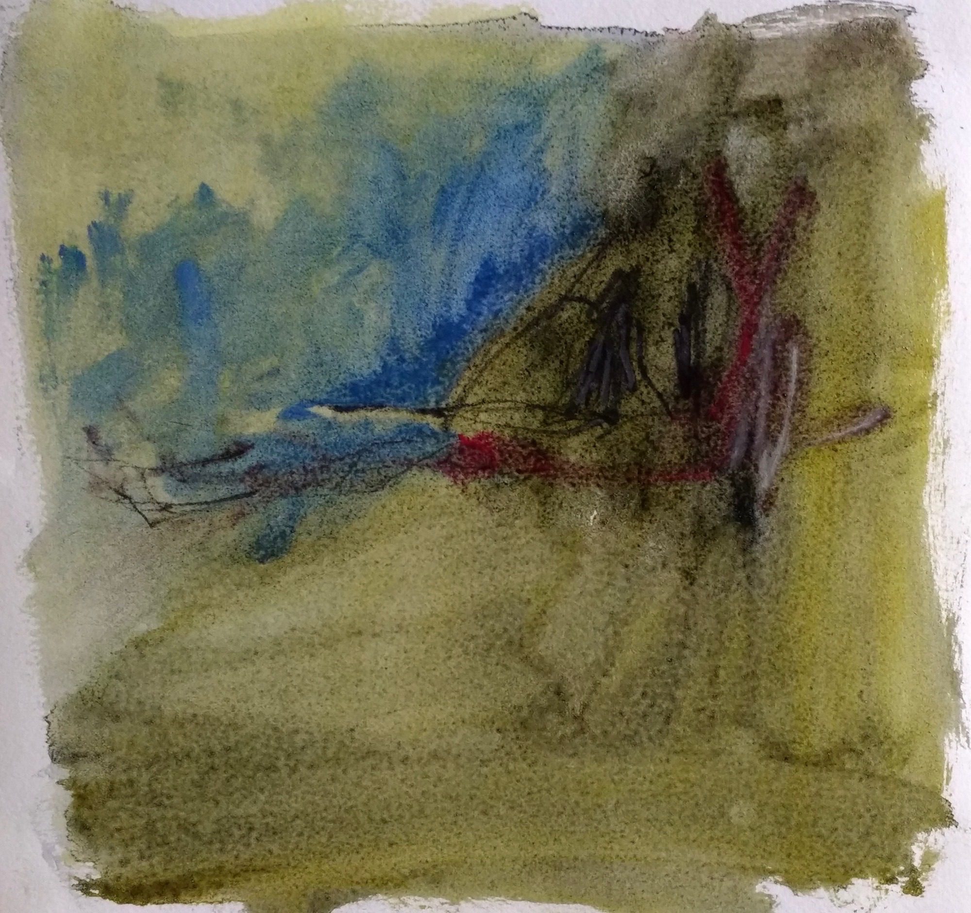 Wash of oil colour in celadon with charcoal grey and blue.