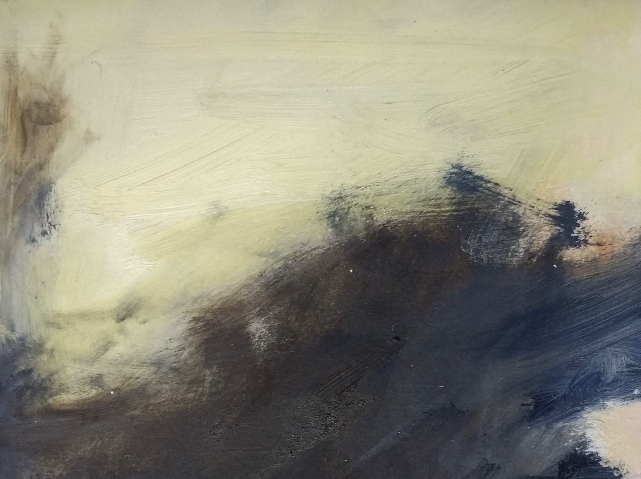 Oil on paper. Dark blue grey over pale yellow, edges brushy and indistinct.