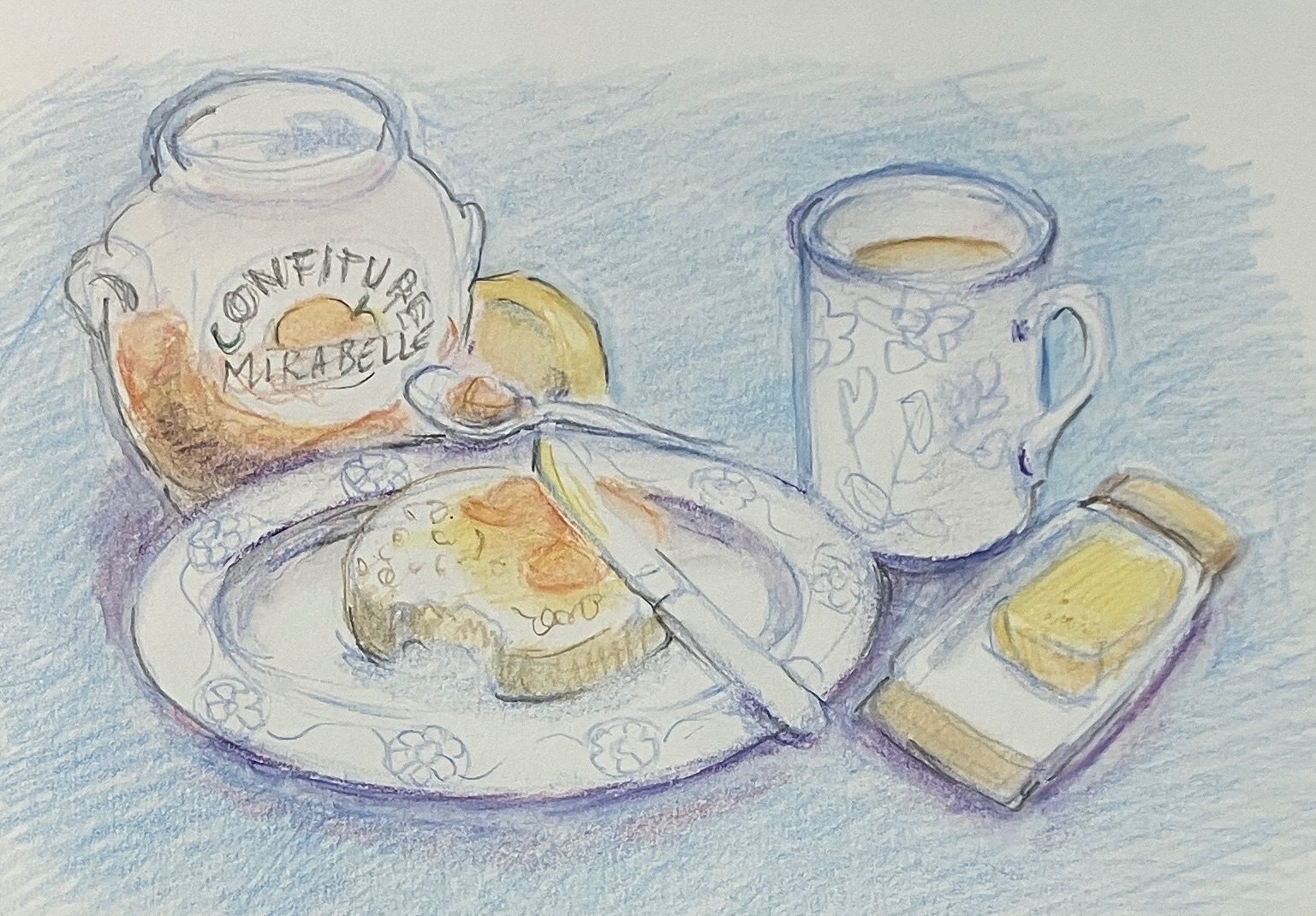 Place setting for tea: jam, mug, crumpet on plate