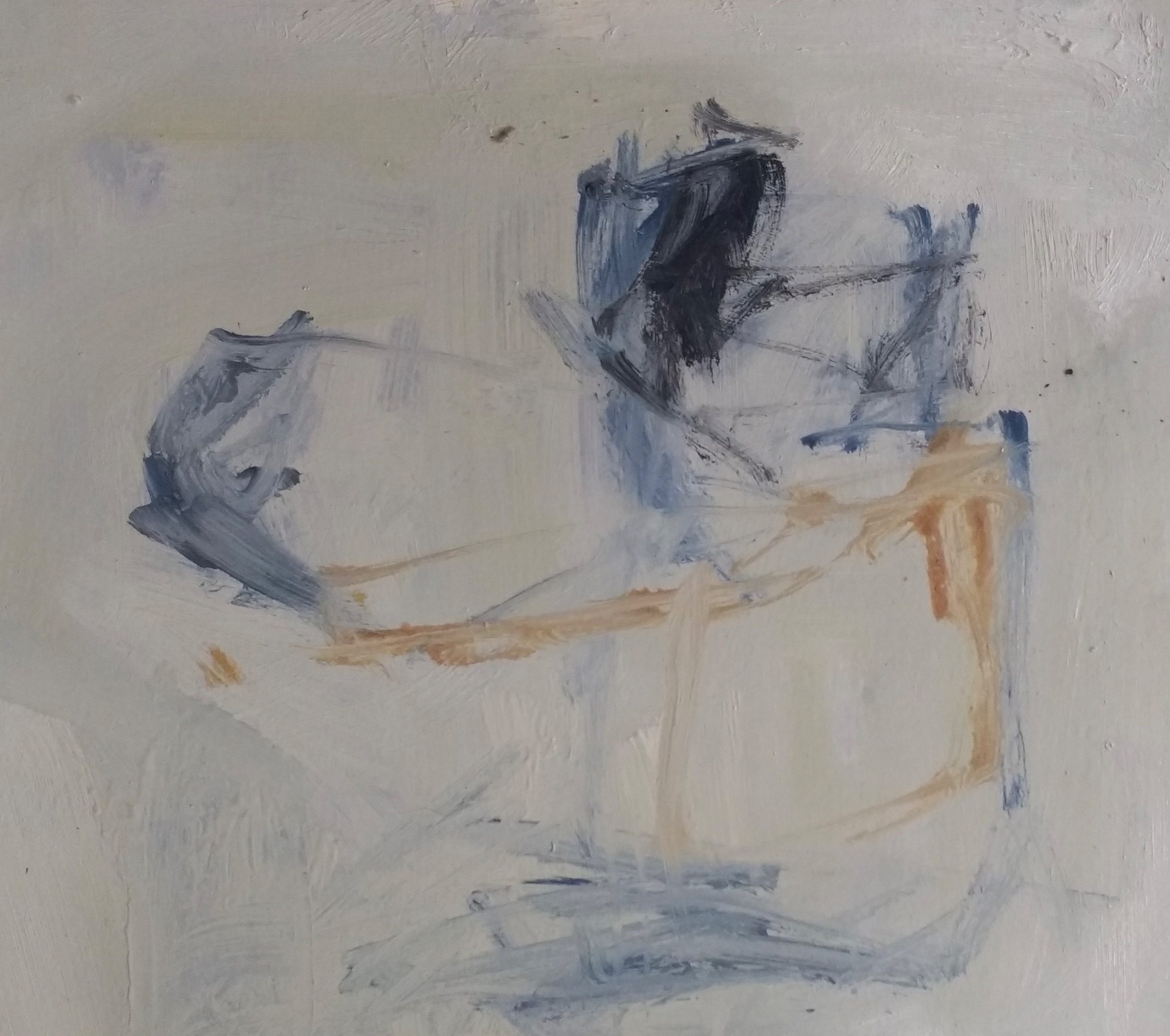 Open gestural brushmarks in inky blue and pale sienna oil on paper, on a greenish ivory painted ground.