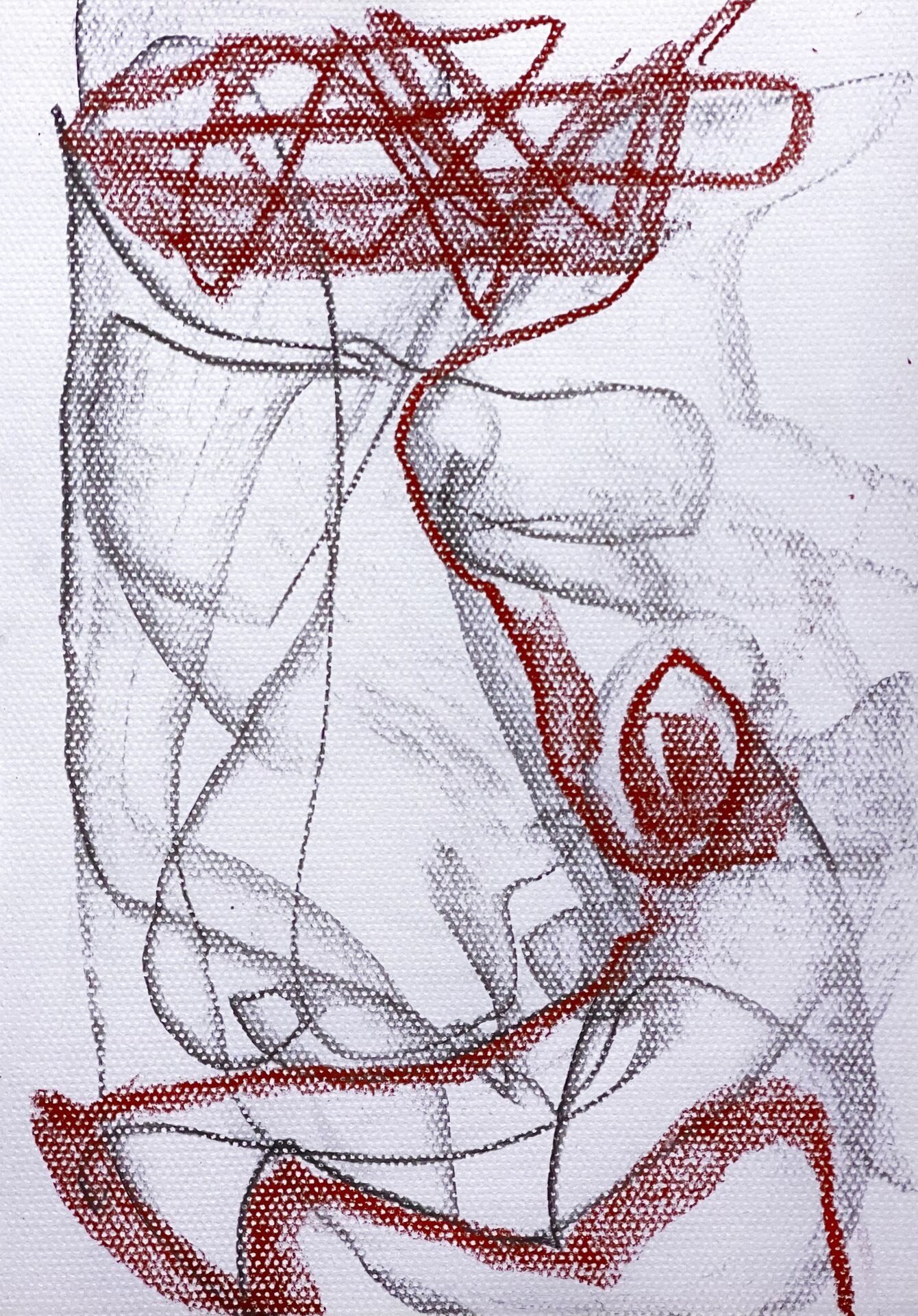 An expressive drawing that captures the physical sensation of mental weight. The dense, chaotic red lines rest heavily upon the head like a crushing burden, symbolizing the overwhelming pressure of shame. The work depicts the moment where internal thoughts become a solid, inescapable force that weighs down the entire being, turning a silent emotion into a visible struggle.