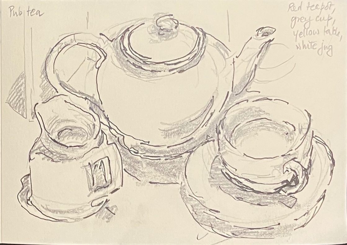 Teapot and cup, pencil and pen