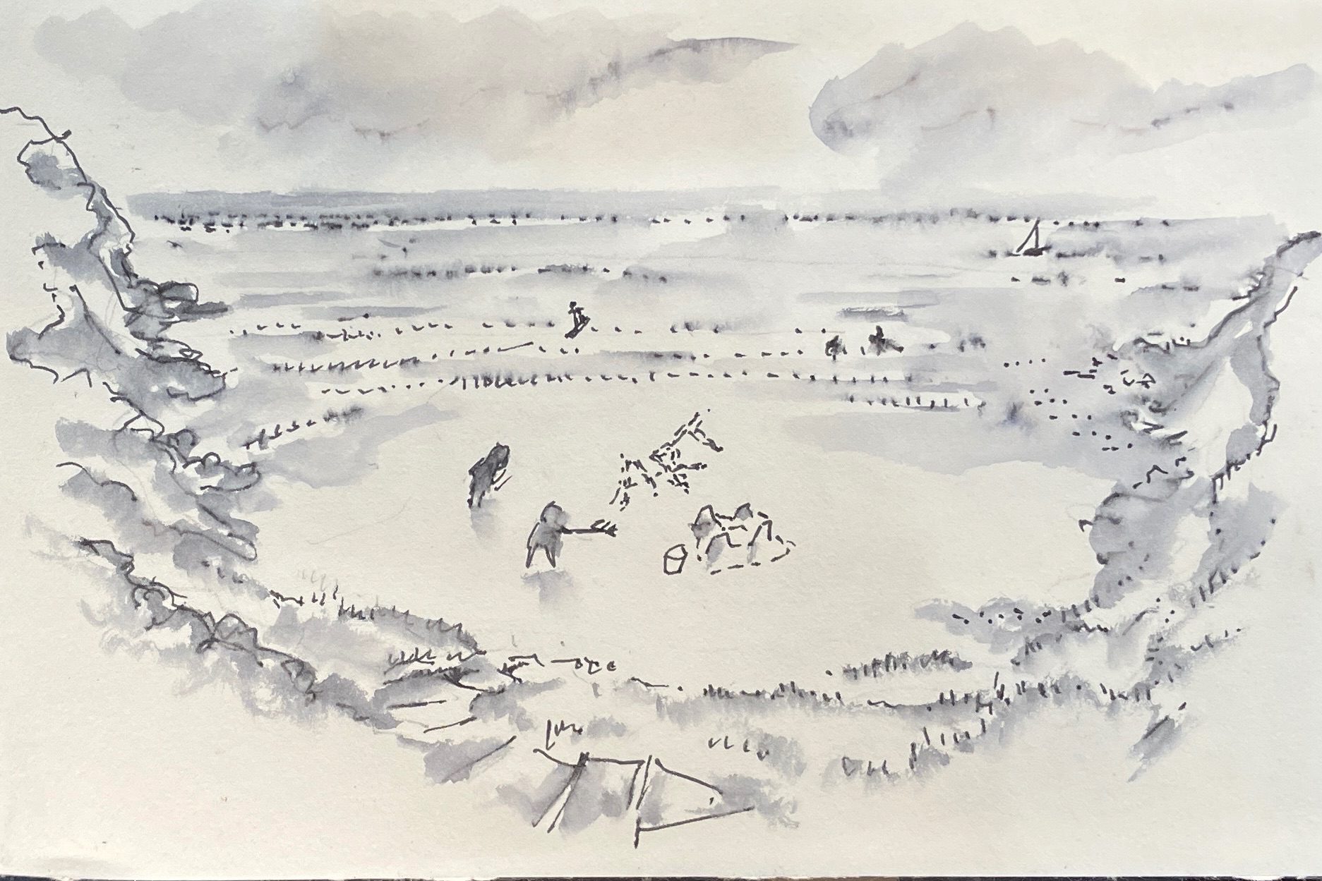 Writing on a beach. Ink.