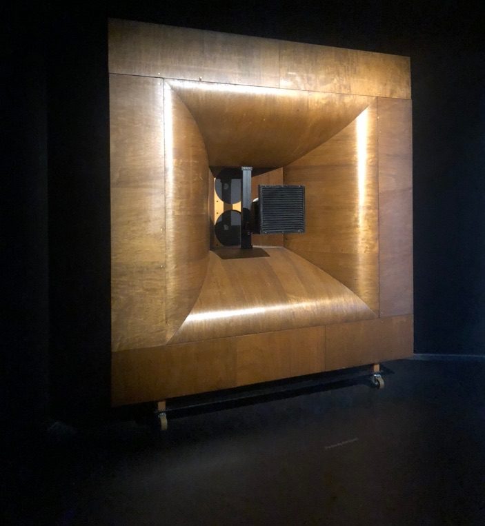 a large square speaker from Peter Doig: House of Music exhibition at Serpentine Gallery