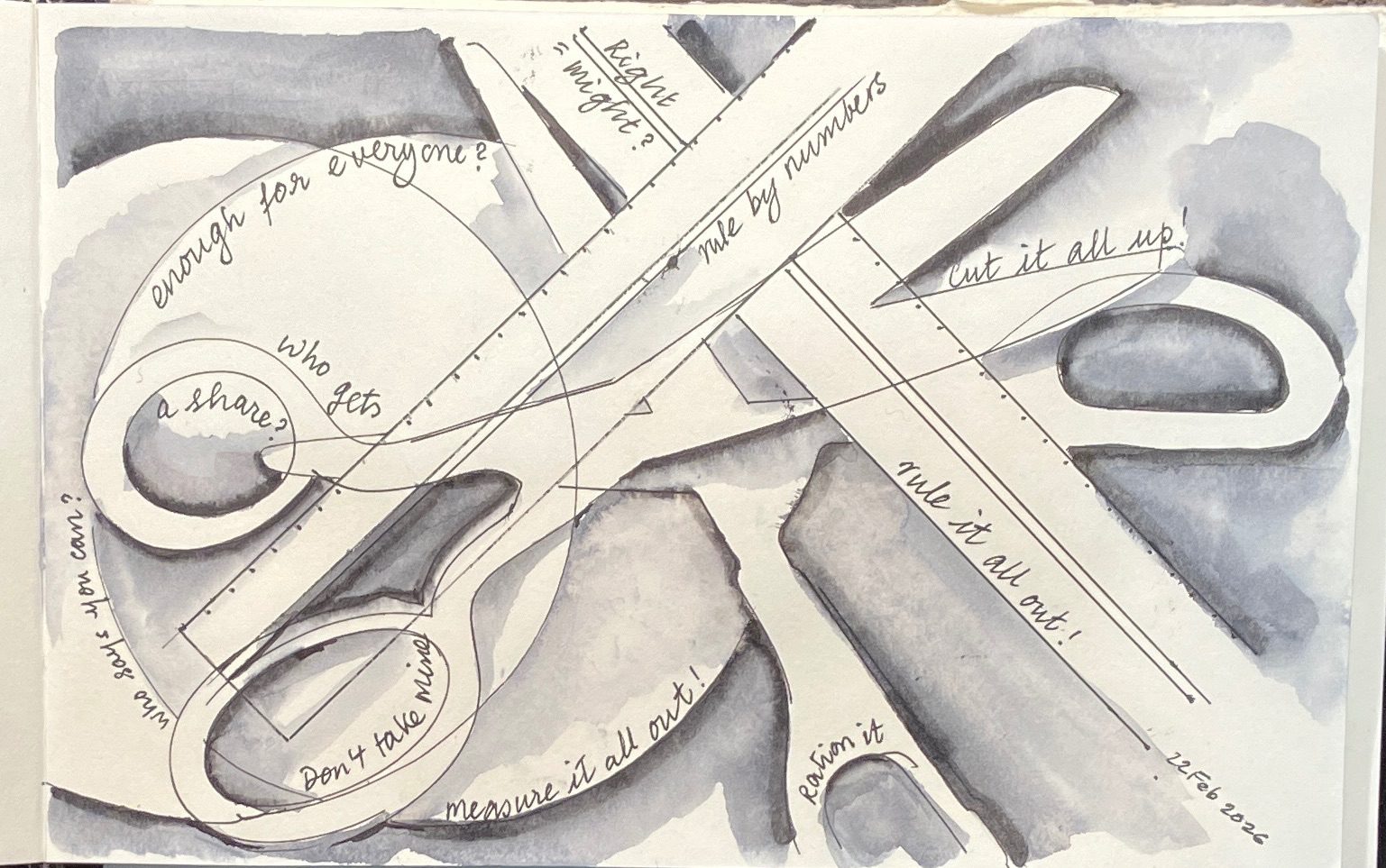 Arrangement of rulers and scissors. Ink.