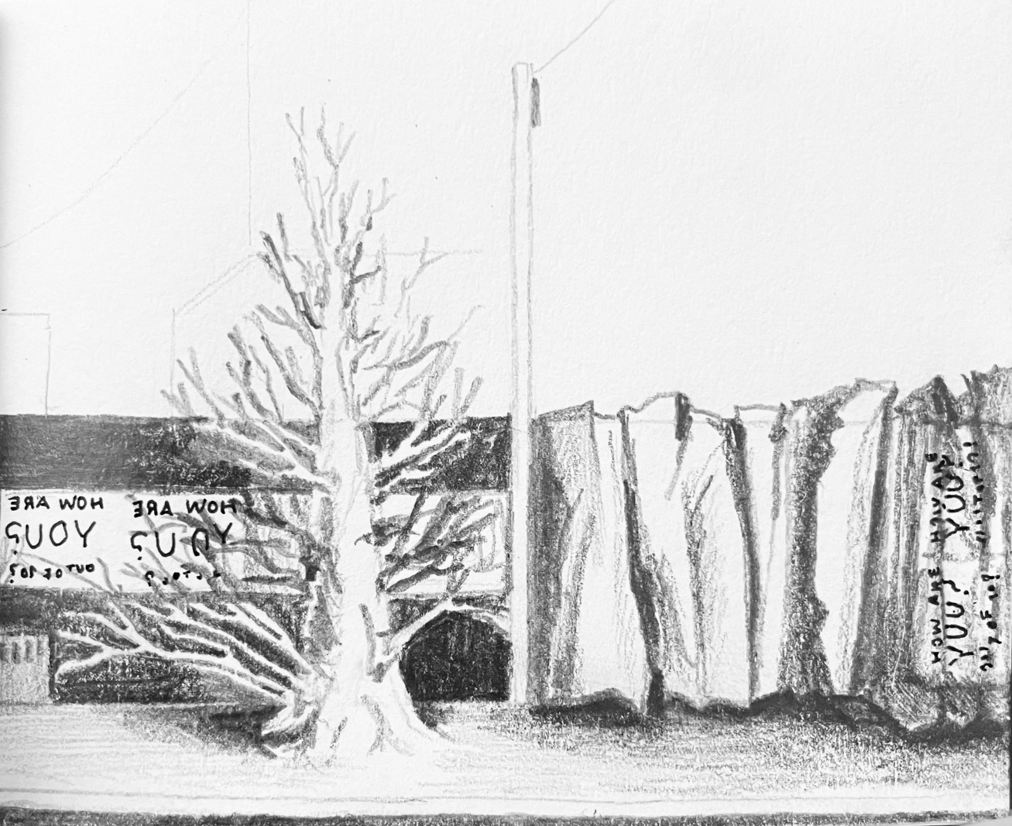 Pencil drawing of graffiti sign on the wall reading how are you? Out of 10? Backwards, and of the right wall the wall is folding like paper, with a vertical sign reading the same how are you? Message.