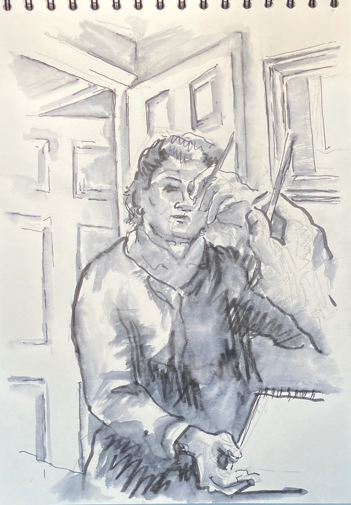 Ink drawing portrait with reflections