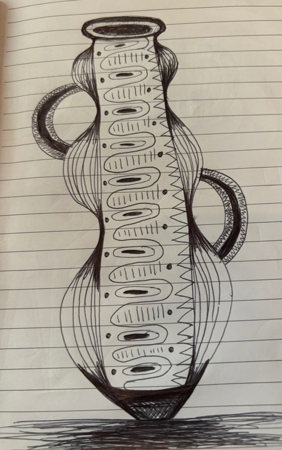 Pen drawing of a curvy vessel with different marks on the surface, and handles