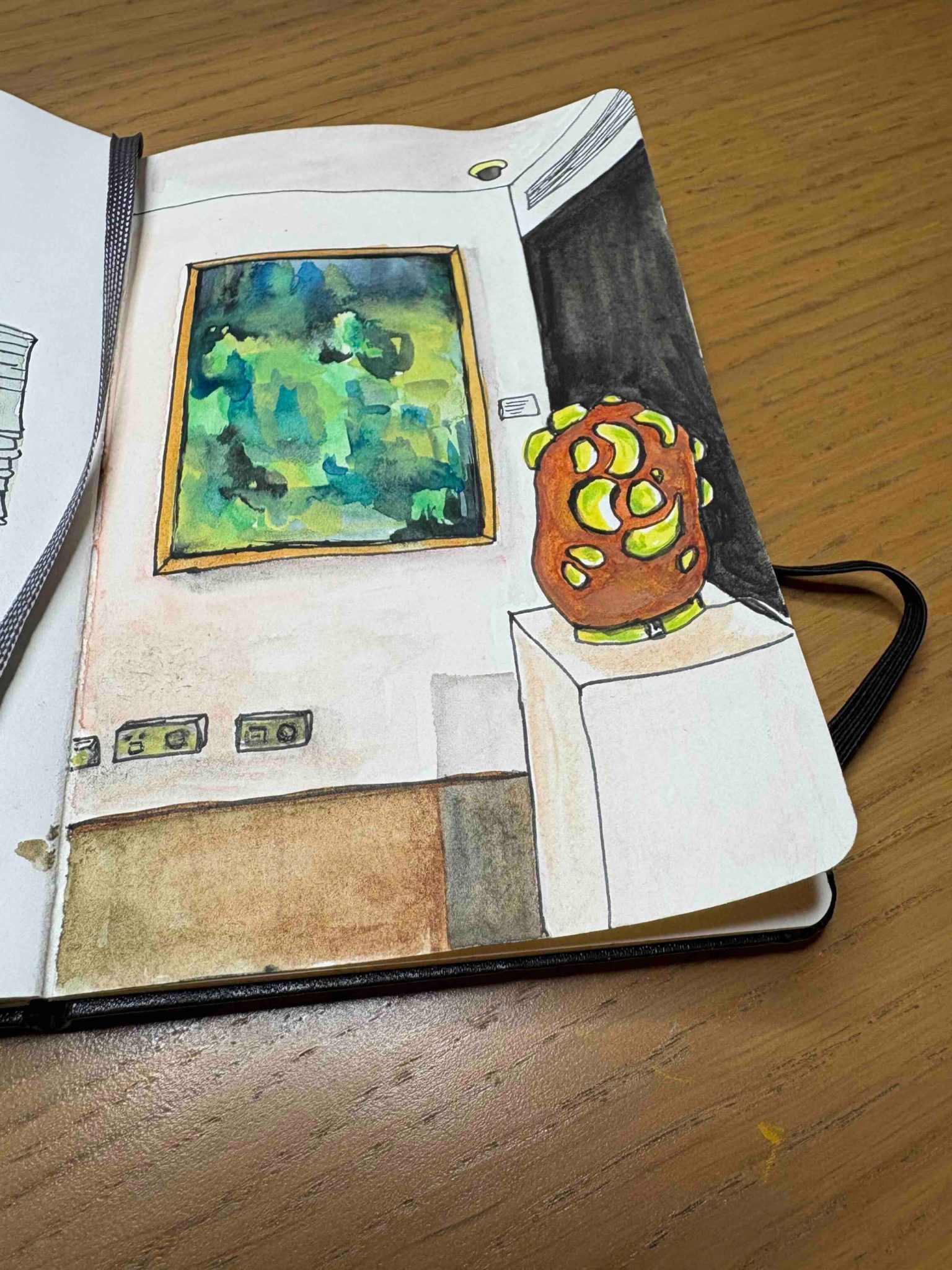 Watercolour of the corner of a gallery with a painting on the wall and a sculpture on a plinth