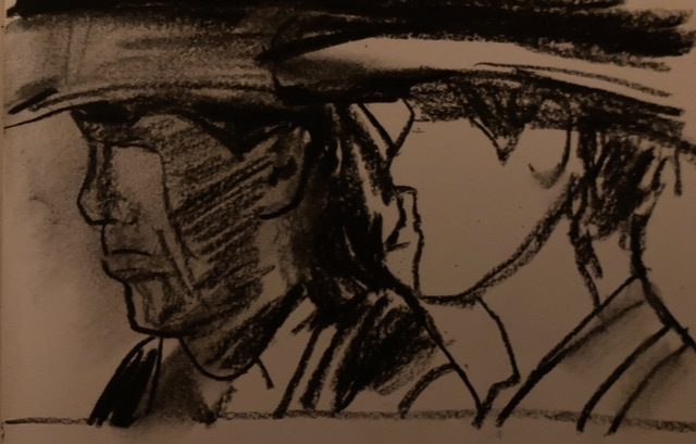 Charcoal drawing of an American Indian and a cowboy