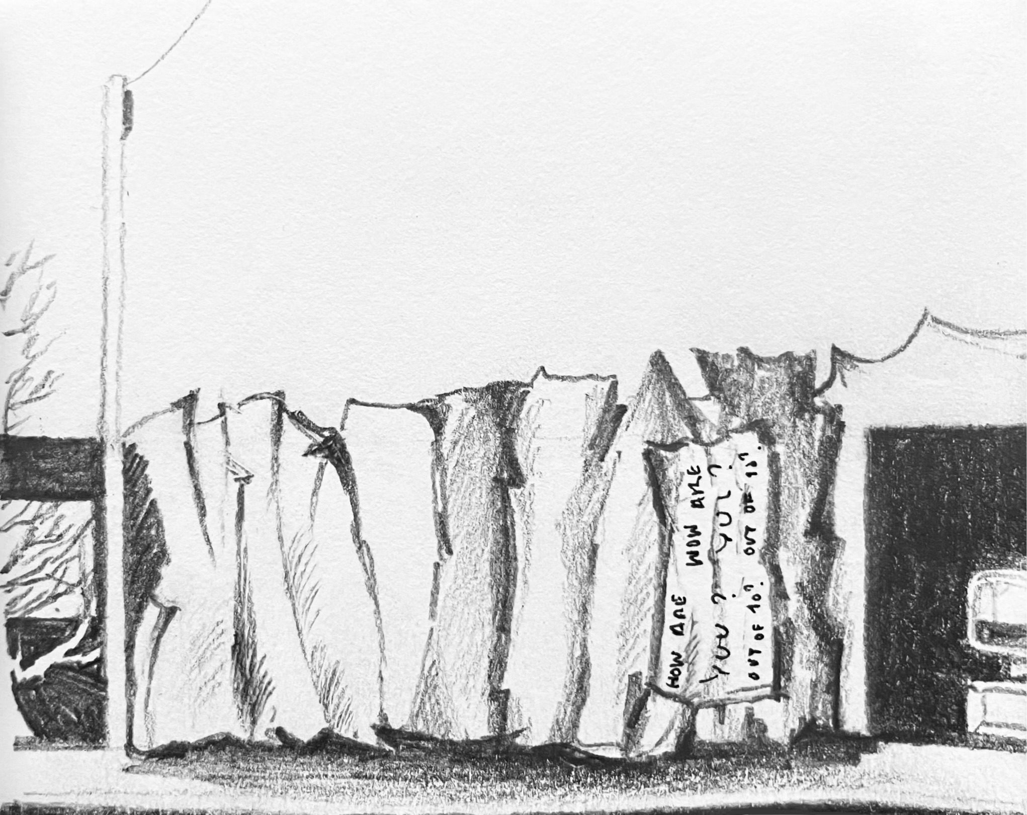 Pencil drawing of tree and wall behind folding like paper