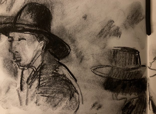Charcoal Drawing of 2 figures in hats