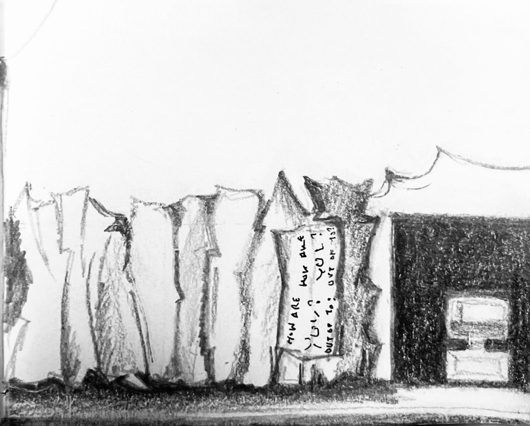 Pencil drawing of a wall folding like paper, a sign horizontal that reads how are you? Out of 10? And on the right a dark stage with tv set in the centre
