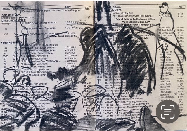 Charcoal drawing on an auction catalogue