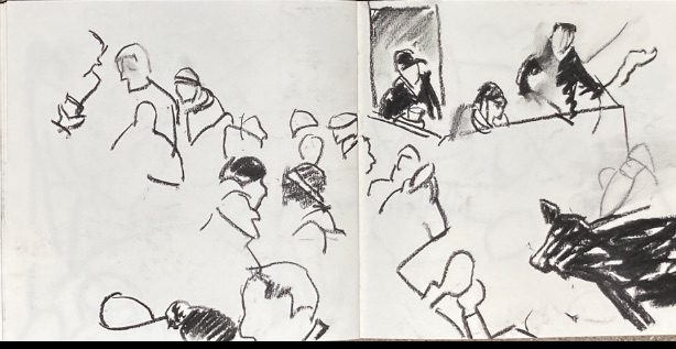 Charcoal Drawing of a livestock auction