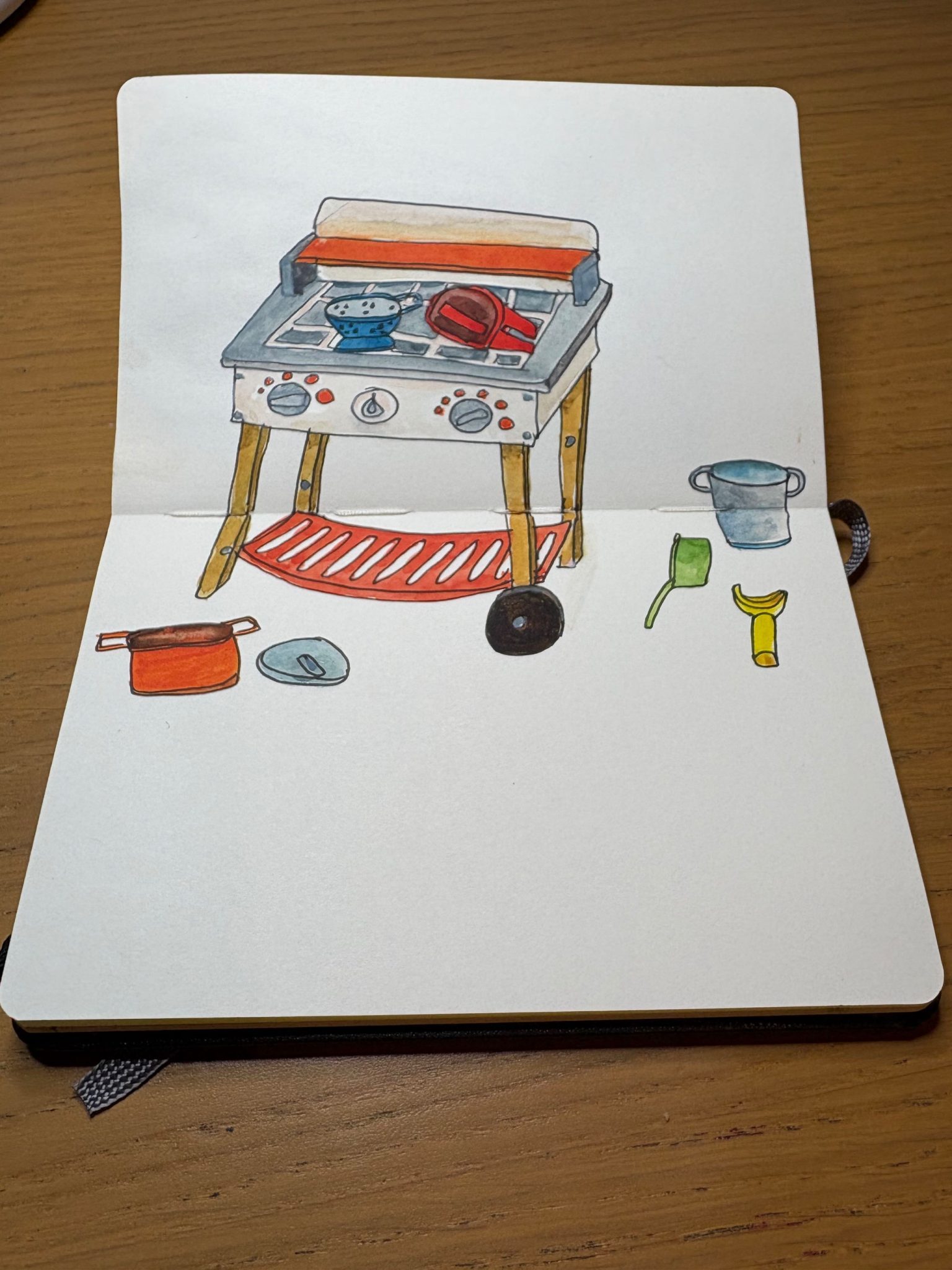 Watercolour of a child’s toy kitchen