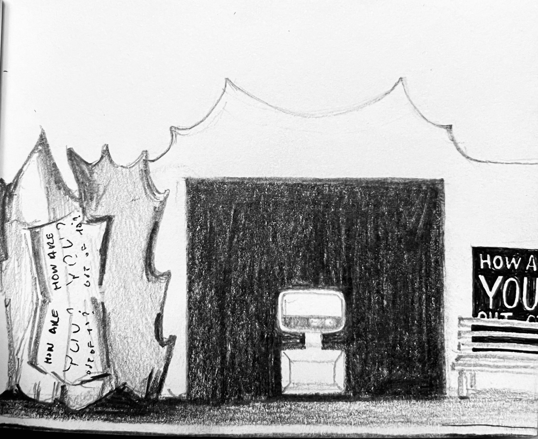 Pencil drawing of a wall folding like paper, a sign horizontal that reads how are you? Out of 10? And on the right a dark stage with tv set in the centre. On the far right a bench with a sign behind that reads how are you? Out of 10?, obstructed by the bench