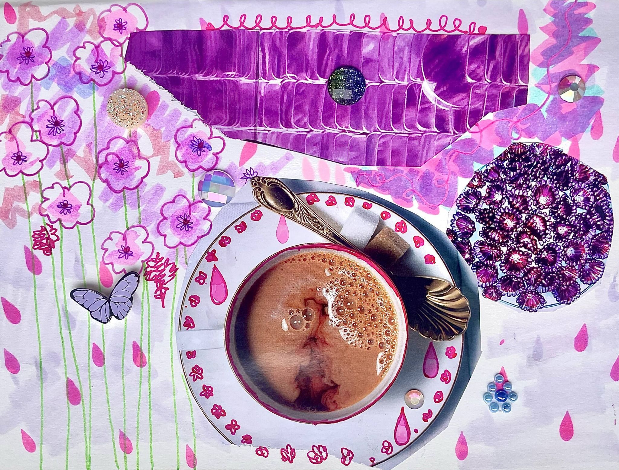 collage and drawing in pinks and purples, flowers, tea, stick on gems