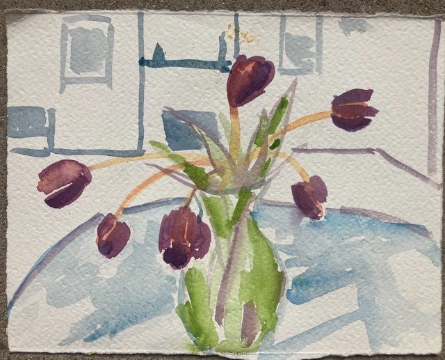 Watercolour painting of tulips in a vase