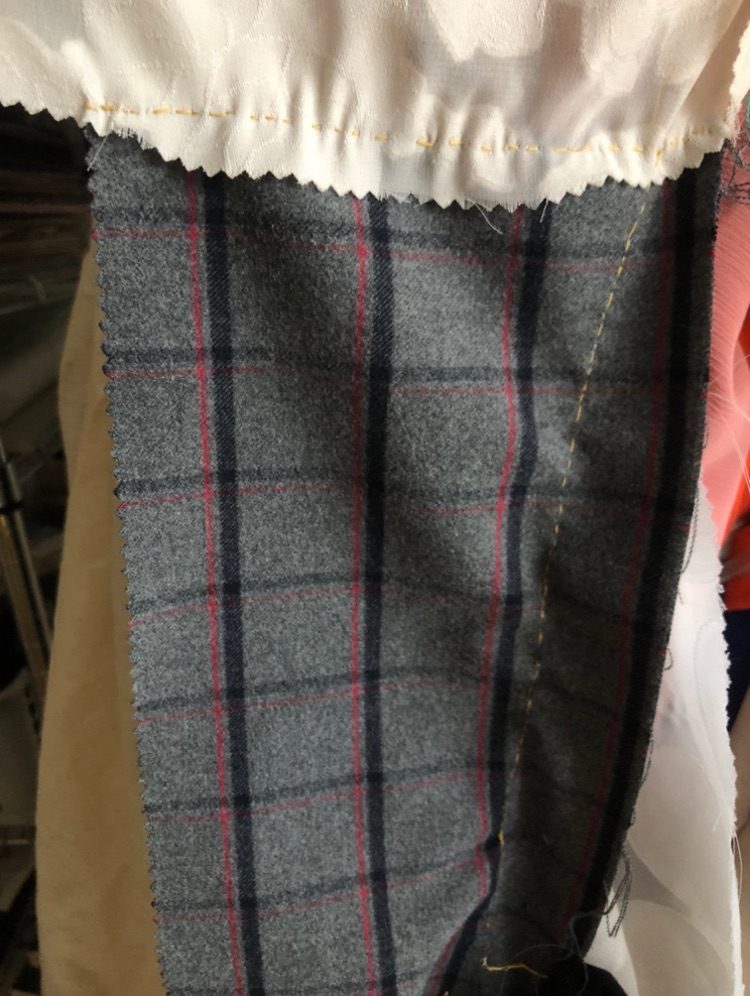 another work in progress of scrap fabrics and samples stitched together. This example has yellow stitching