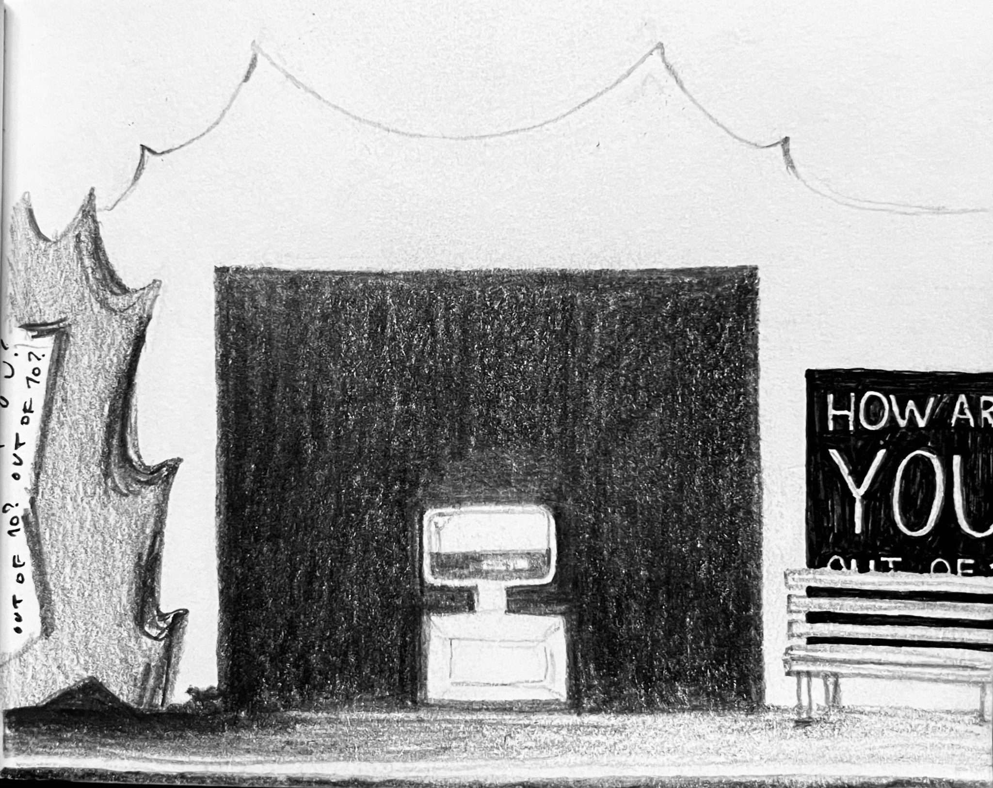 Pencil drawing of a wall folding like paper, a sign horizontal that reads how are you? Out of 10? And on the right a dark stage with tv set in the centre