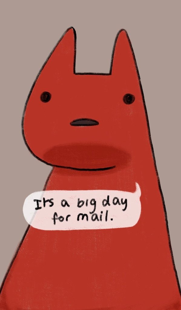 A red cartoon horse with horns is looking down on you. In a speech bubble it says it’s a big day for mail